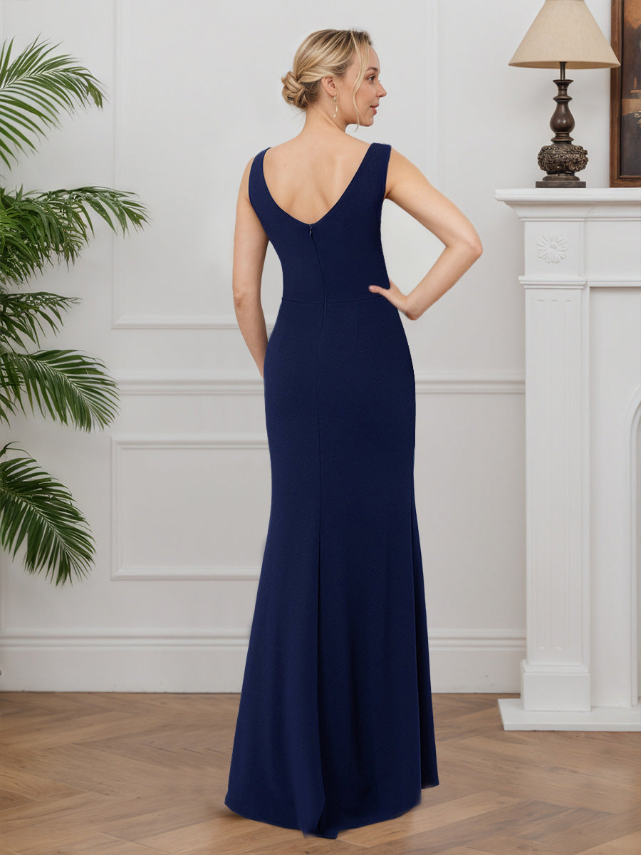 Cicinia Navy Blue Mother Of The Bride Dress Stretch Fabric Ruffle Side Sheath Slit Sweep Train