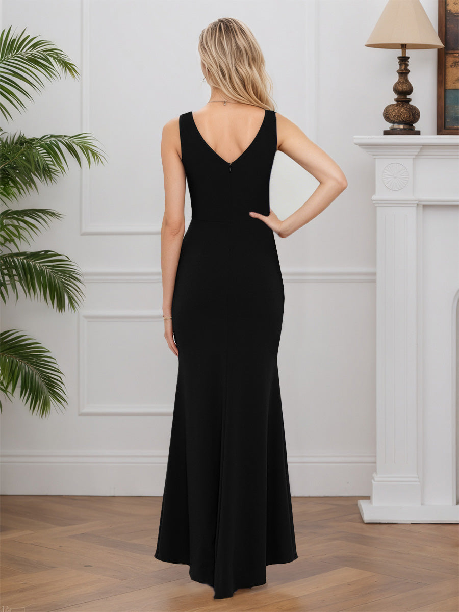 Cicinia Black Mother Of The Bride Dress Stretch Fabric Ruffle Side Sheath Slit Sweep Train