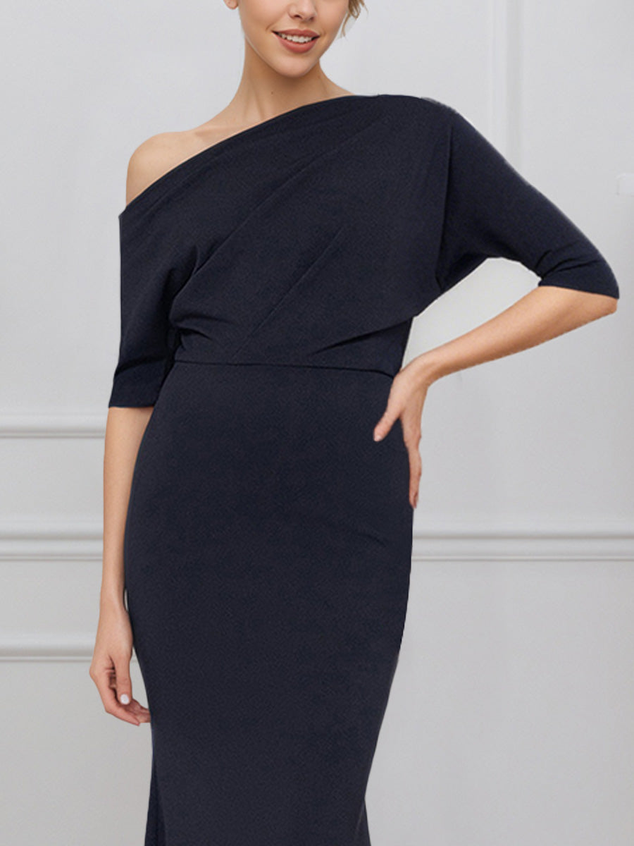 Cicinia Black Mother Of The Bride Dress Stretch Fabric Sheath Asymmetric Neckline Half Sleeves