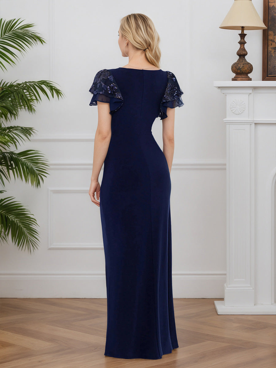 Cicinia Navy Blue Mother Of The Bride Dresses Stretch Fabric Lace Sheath V-Neck Short Sleeves