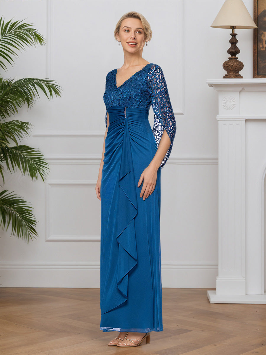 Cicinia Blue Mother Of The Bride Dresses Lace Chiffon V-Neck Floor Length Half Sleeves