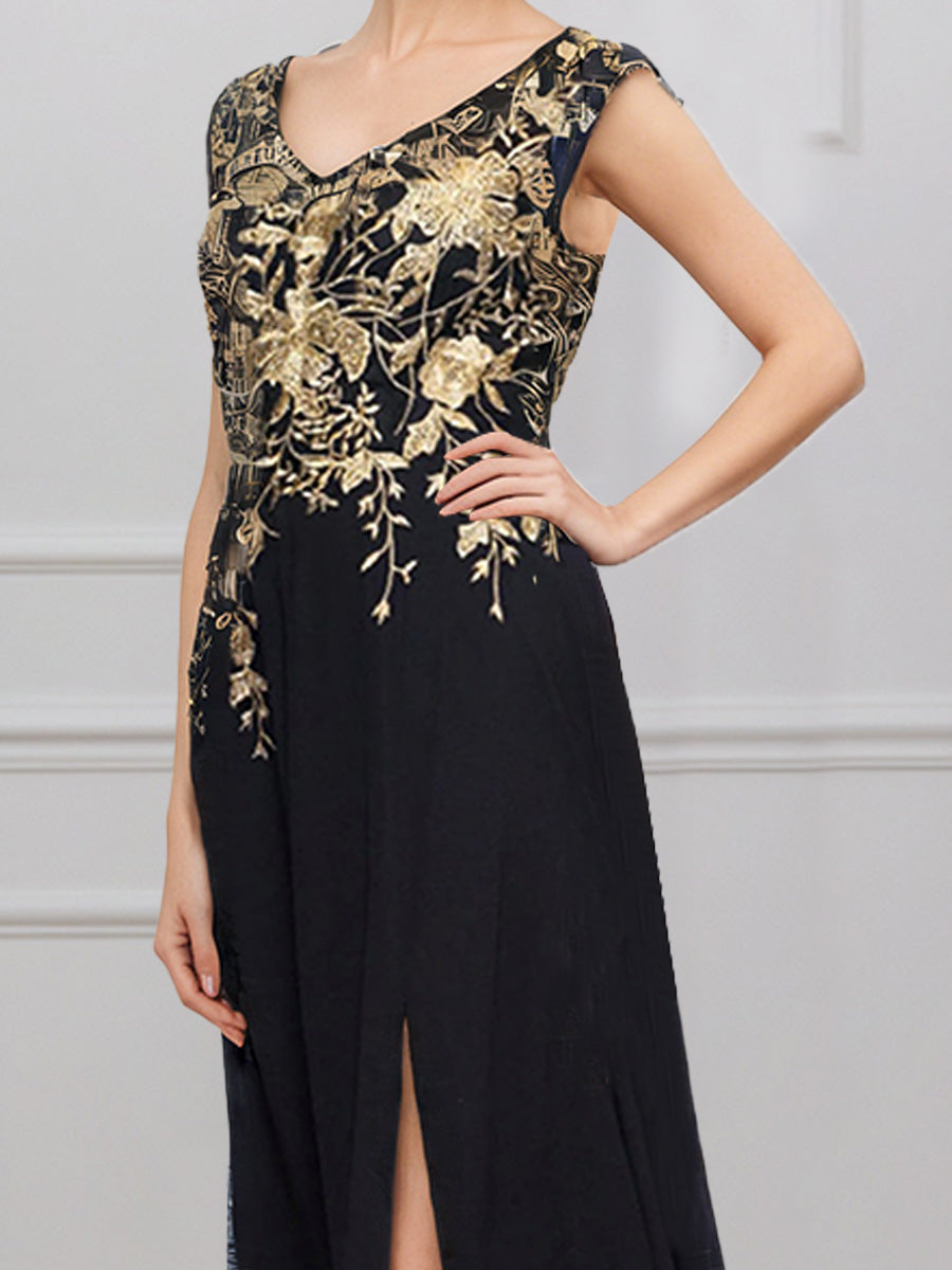 Cicinia Black Mother Of The Bride Dresses Chiffon Lace Floral V-Neck A-Line Slit Floor Length