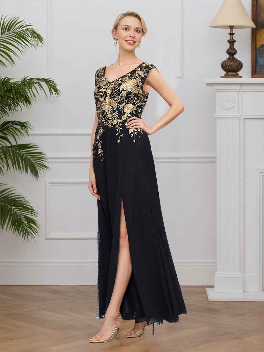 Cicinia Black Mother Of The Bride Dresses Chiffon Lace Floral V-Neck A-Line Slit Floor Length