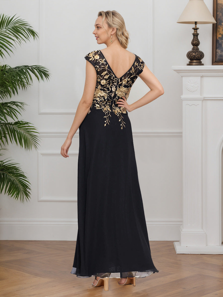 Cicinia Black Mother Of The Bride Dresses Chiffon Lace Floral V-Neck A-Line Slit Floor Length