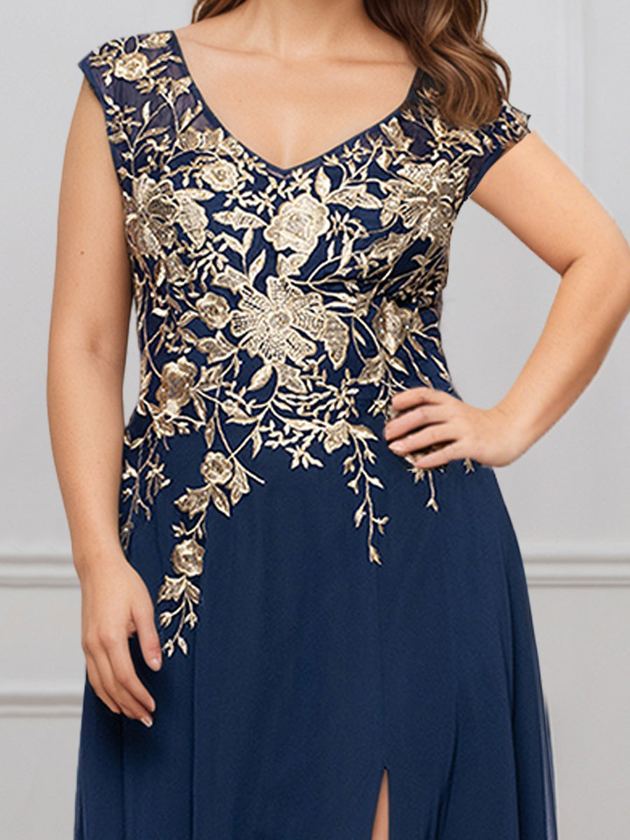 Cicinia Navy Blue Mother Of The Bride Dresses Chiffon Lace Applique V-Neck A-Line Slit Floor Length