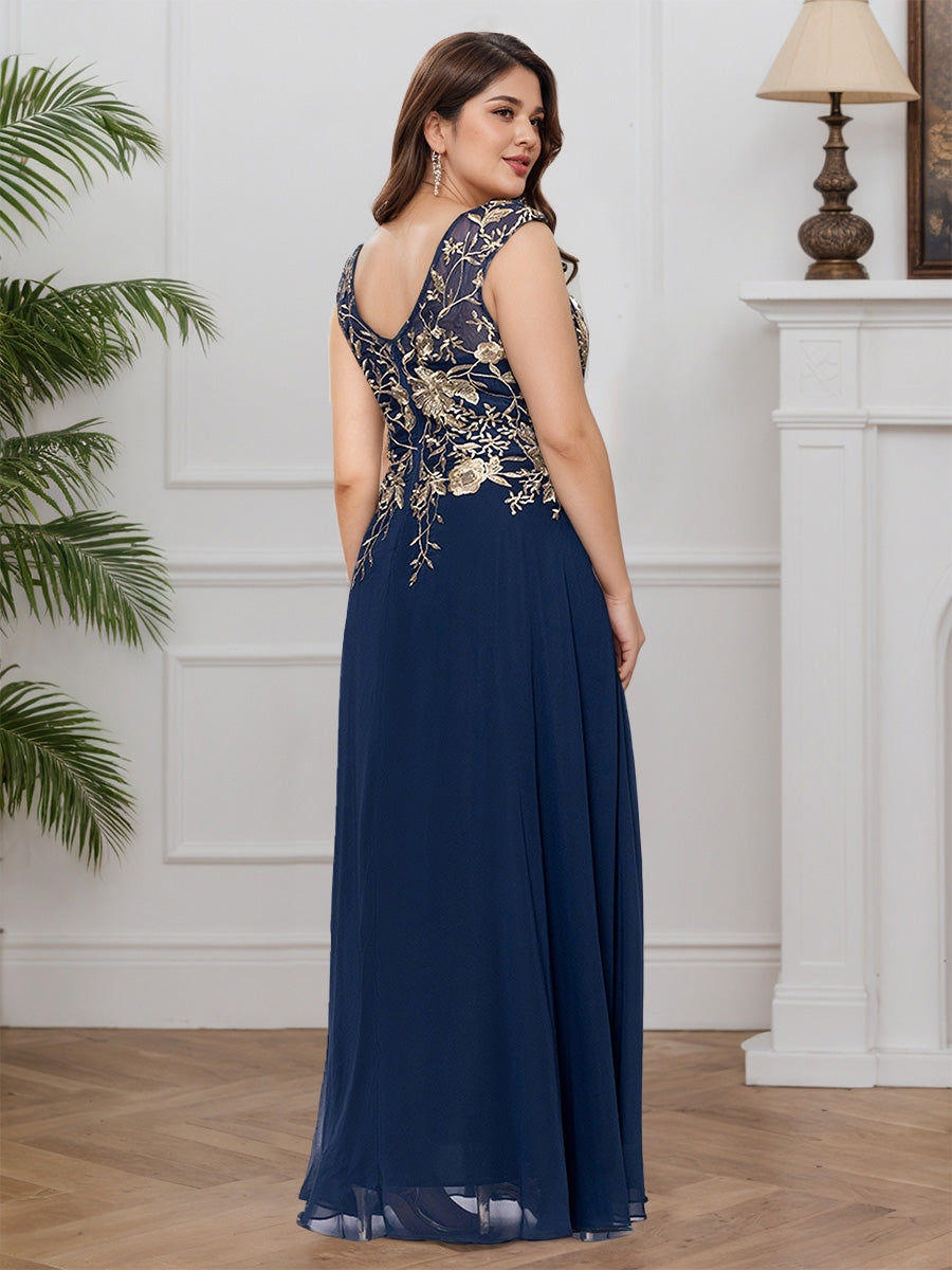 Cicinia Navy Blue Mother Of The Bride Dresses Chiffon Lace Applique V-Neck A-Line Slit Floor Length