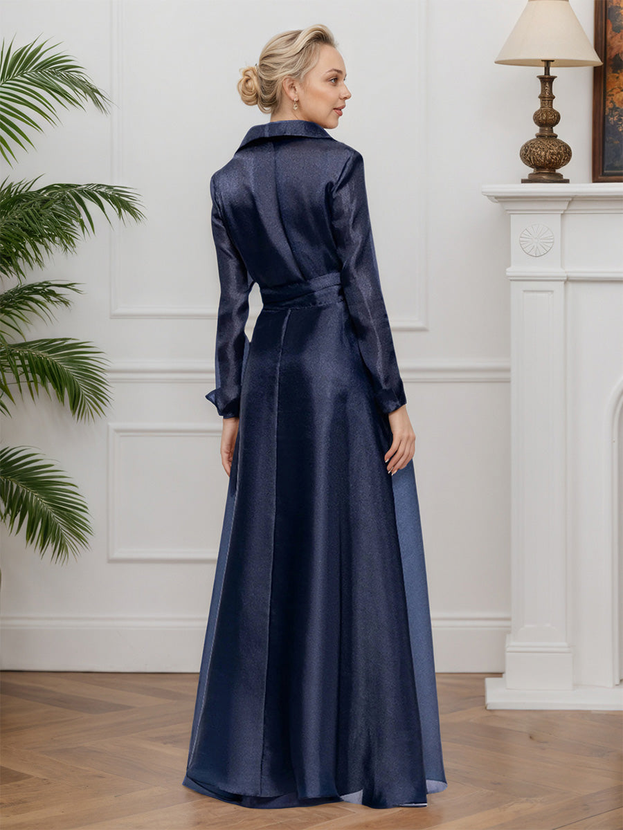 Cicinia Black Mother Of The Bride Dresses Satin V-Neck Long Sleeves A-Line with Belt Evening Dresses