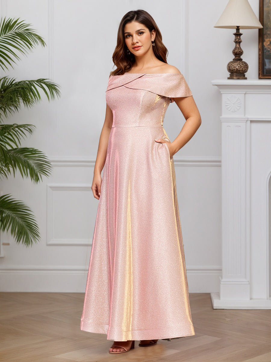 Cicinia Pink Mother Of The Bride Dresses Glitter Fabric A-Line Off The Shoulder Long Dress