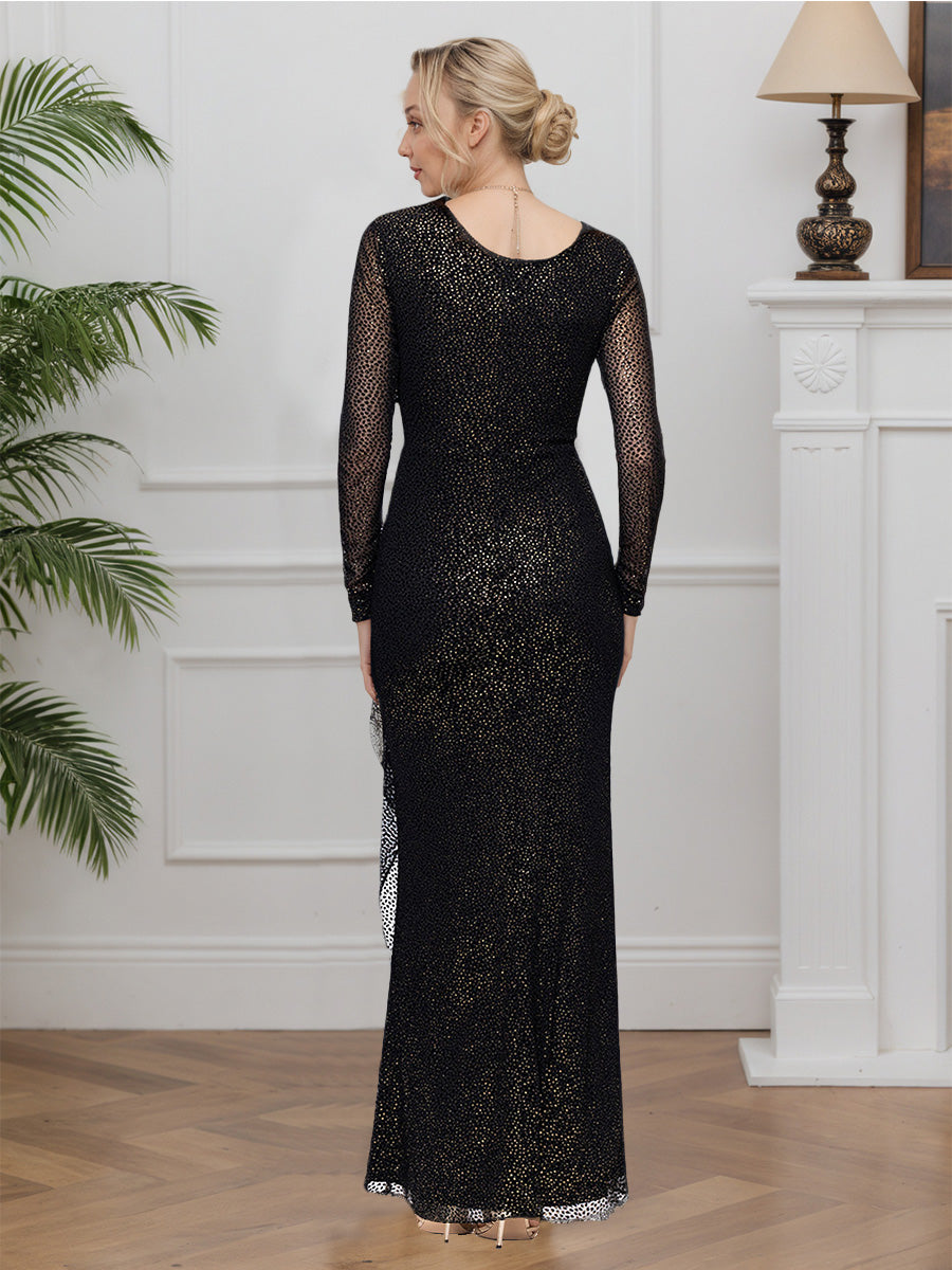 Cicinia Black Mother Of The Bride Dresses Glitter Fabric Long Sleeves Jewel Sheath Evening Dresses