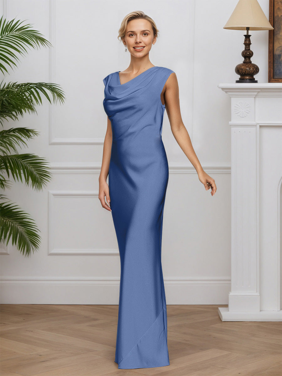 Cicinia Blue Mother Of The Bride Dresses Satin Chiffon Cowl Sheath Cap Sleeves Evening Dresses