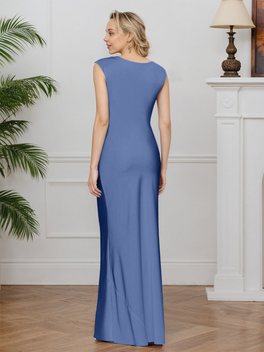 Cicinia Blue Mother Of The Bride Dresses Satin Chiffon Cowl Sheath Cap Sleeves Evening Dresses