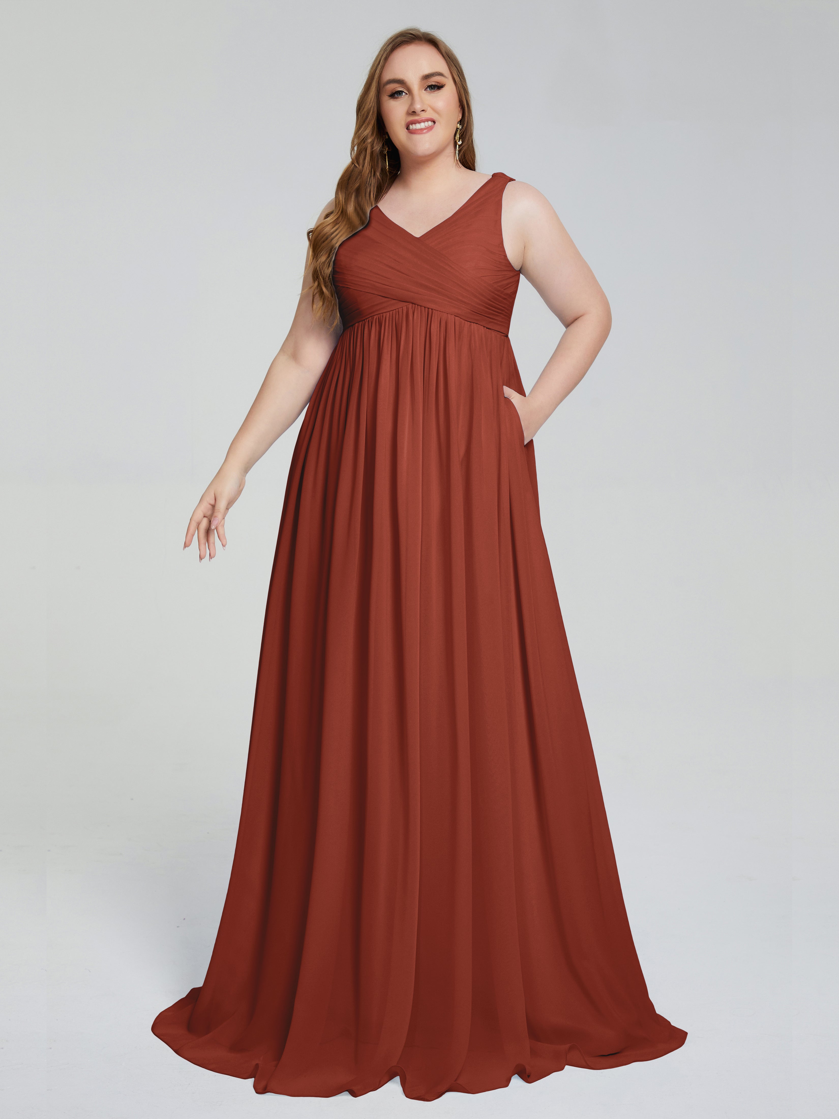 Rust Color Bridesmaid Dresses Angelina Modest Straps V-Neck Plus Size