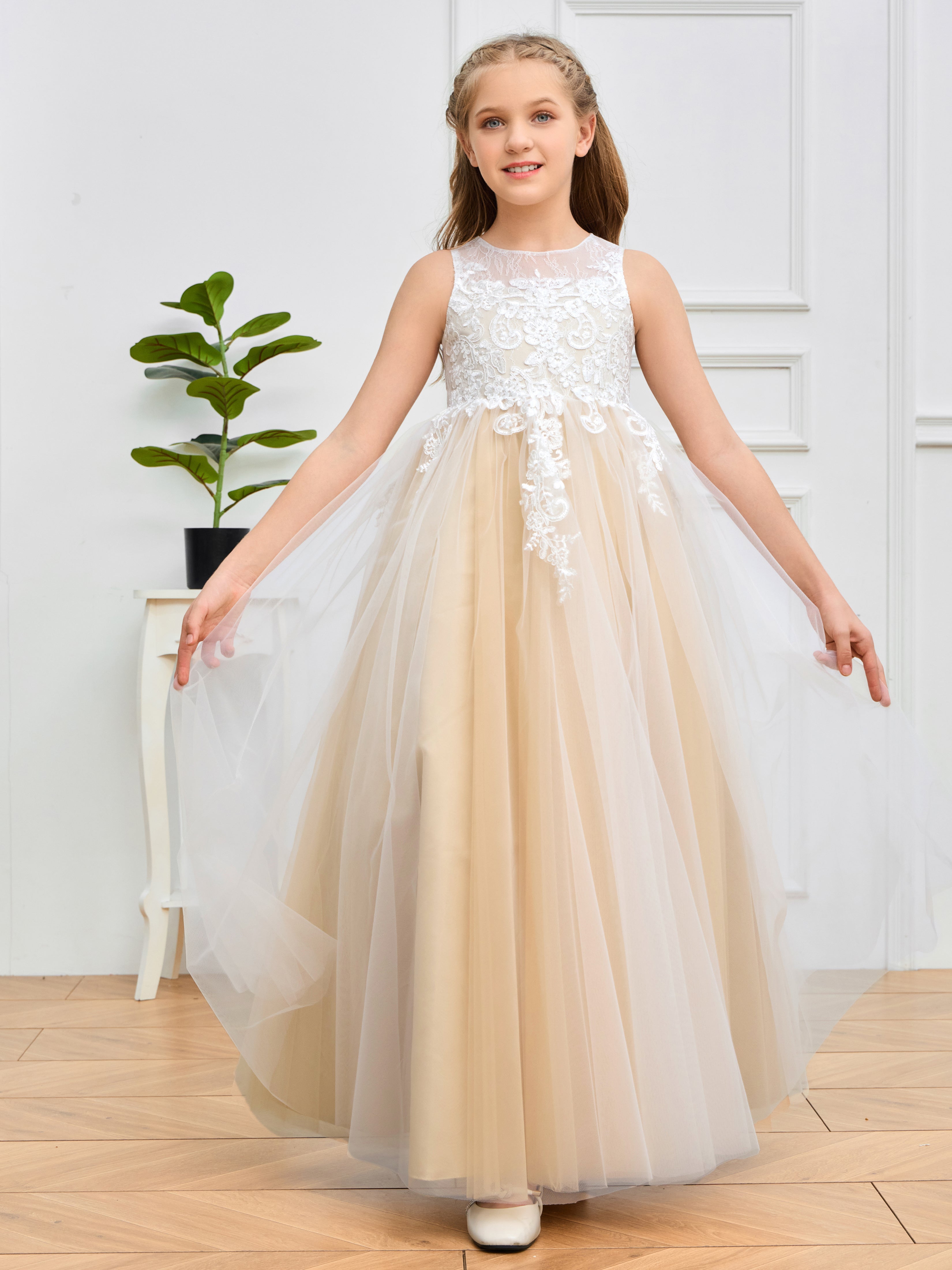 Appliques Floor-Length Satin Junior Bridesmaid Dress