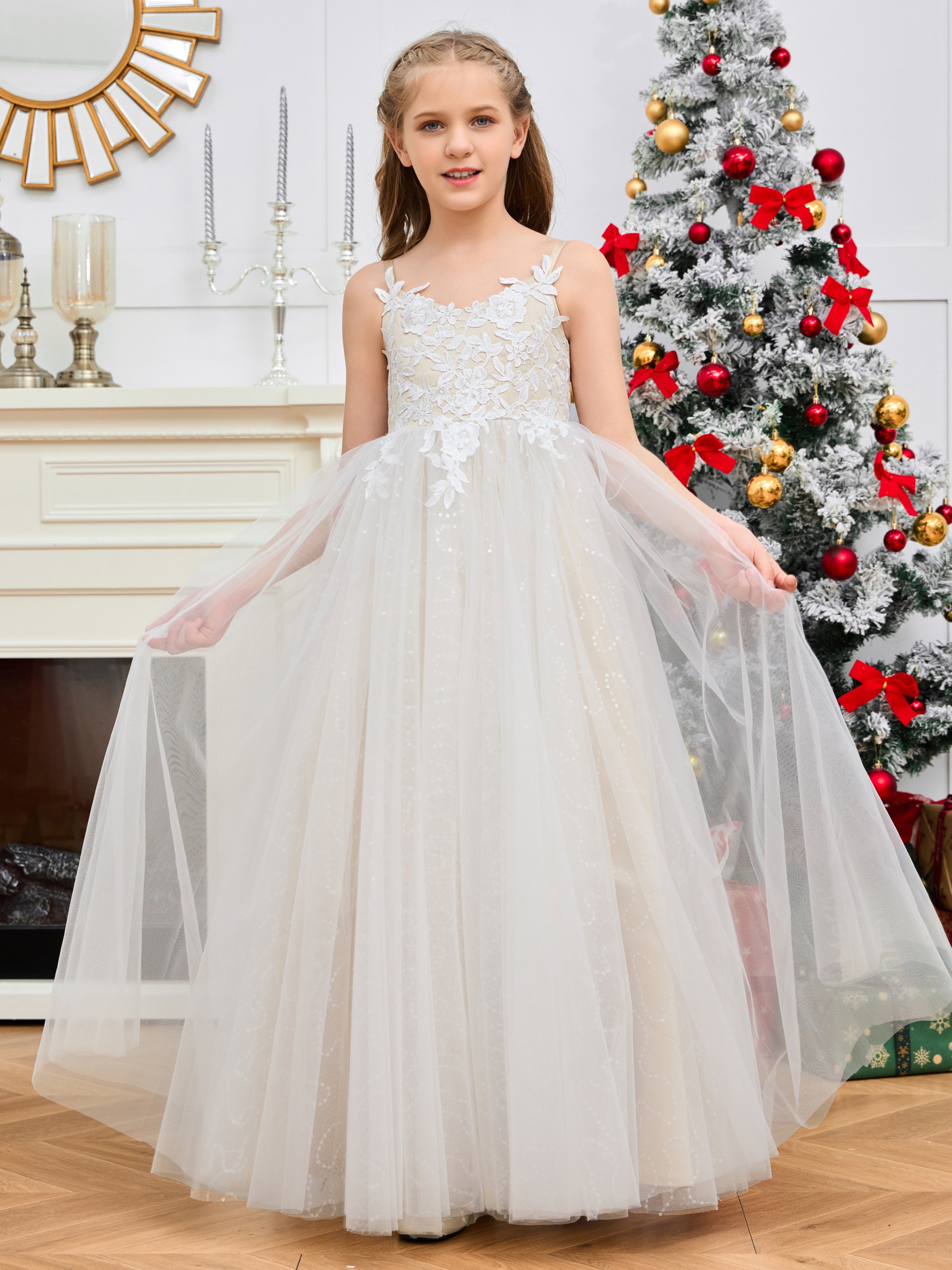 white junior bridesmaid dresses Knee Length Dress,White Tulle Flower Girl Dress,JB00023 line junior dress floats like a cloud with its delicate straps and airy silhouette White Junior Bridesmaid Dresses |