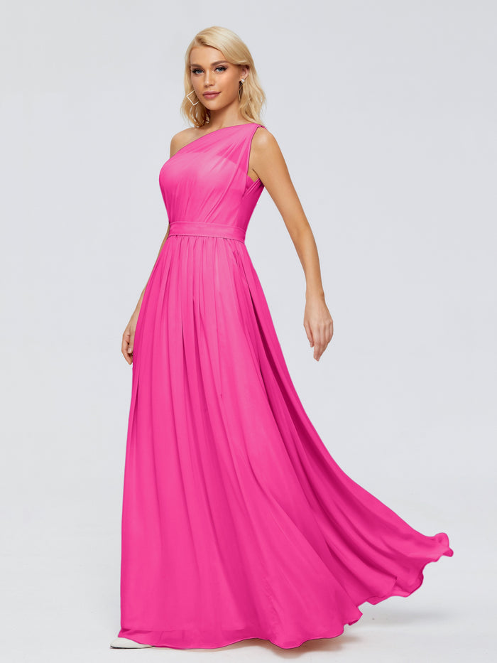 Fuchsia Pink Bridesmaid Dress Arabella One Shoulder Sash Bridesmaid Dr