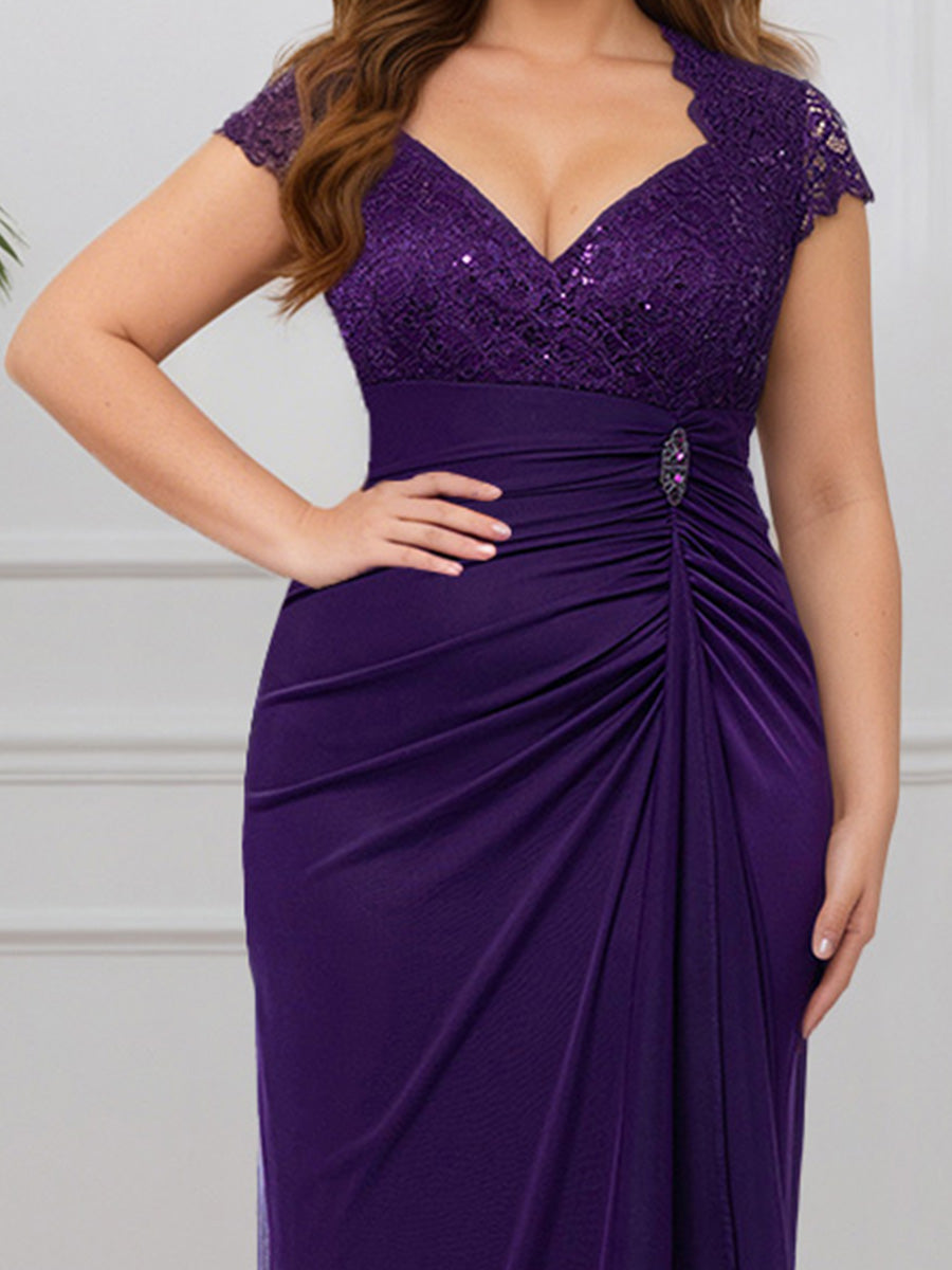 Cicinia Regency Mother Of The Bride Dresses Lace V-Neck Sheath Cap Sleeves Floor Length