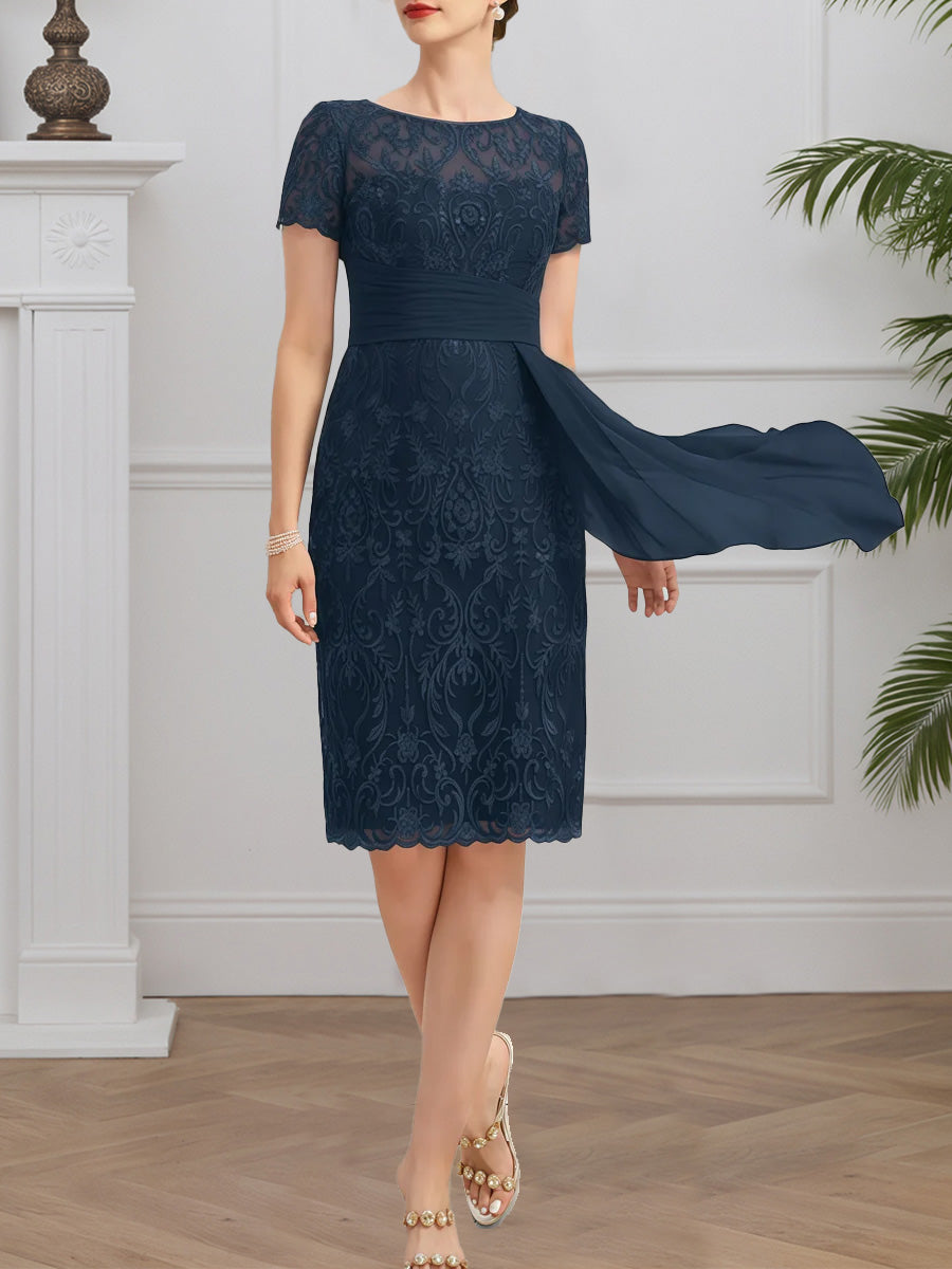Cicinia Dark Navy Mother Of The Bride Dresses Chiffon Lace Sheath Knee Length Short Sleeves