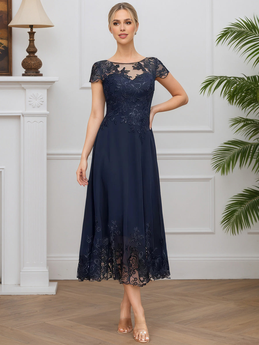 Cicinia Dark Navy Mother Of The Bride Dresses Chiffon Lace A-Line Cap Sleeves Tea Length