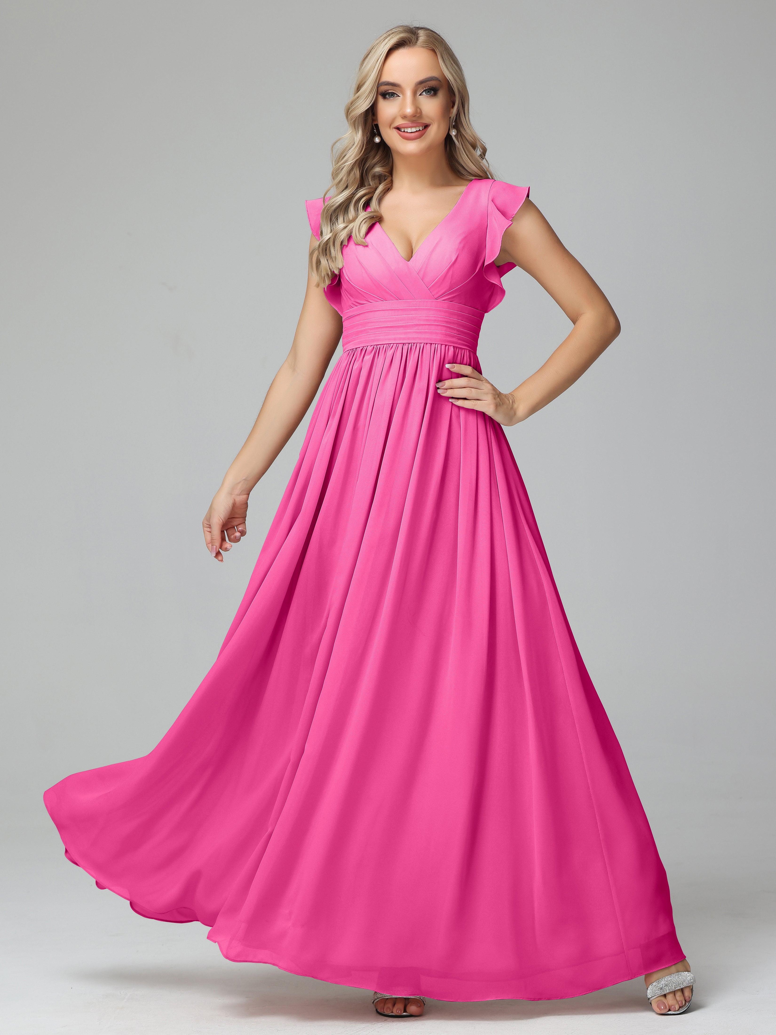 Bonnie V-Neck Chiffon Bridesmaid Dresses With Ruffle Sleeves