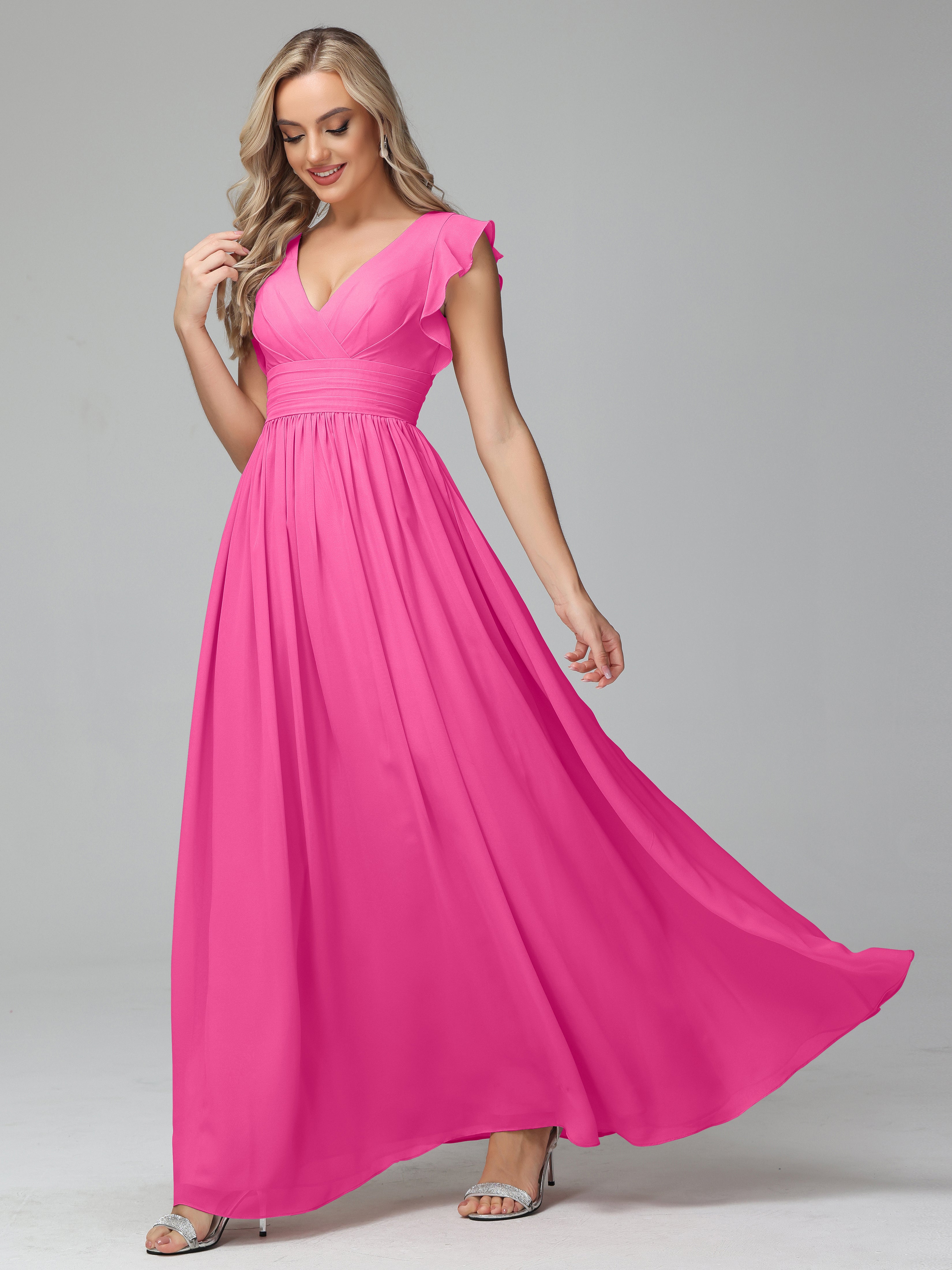 Bonnie V-Neck Chiffon Bridesmaid Dresses With Ruffle Sleeves