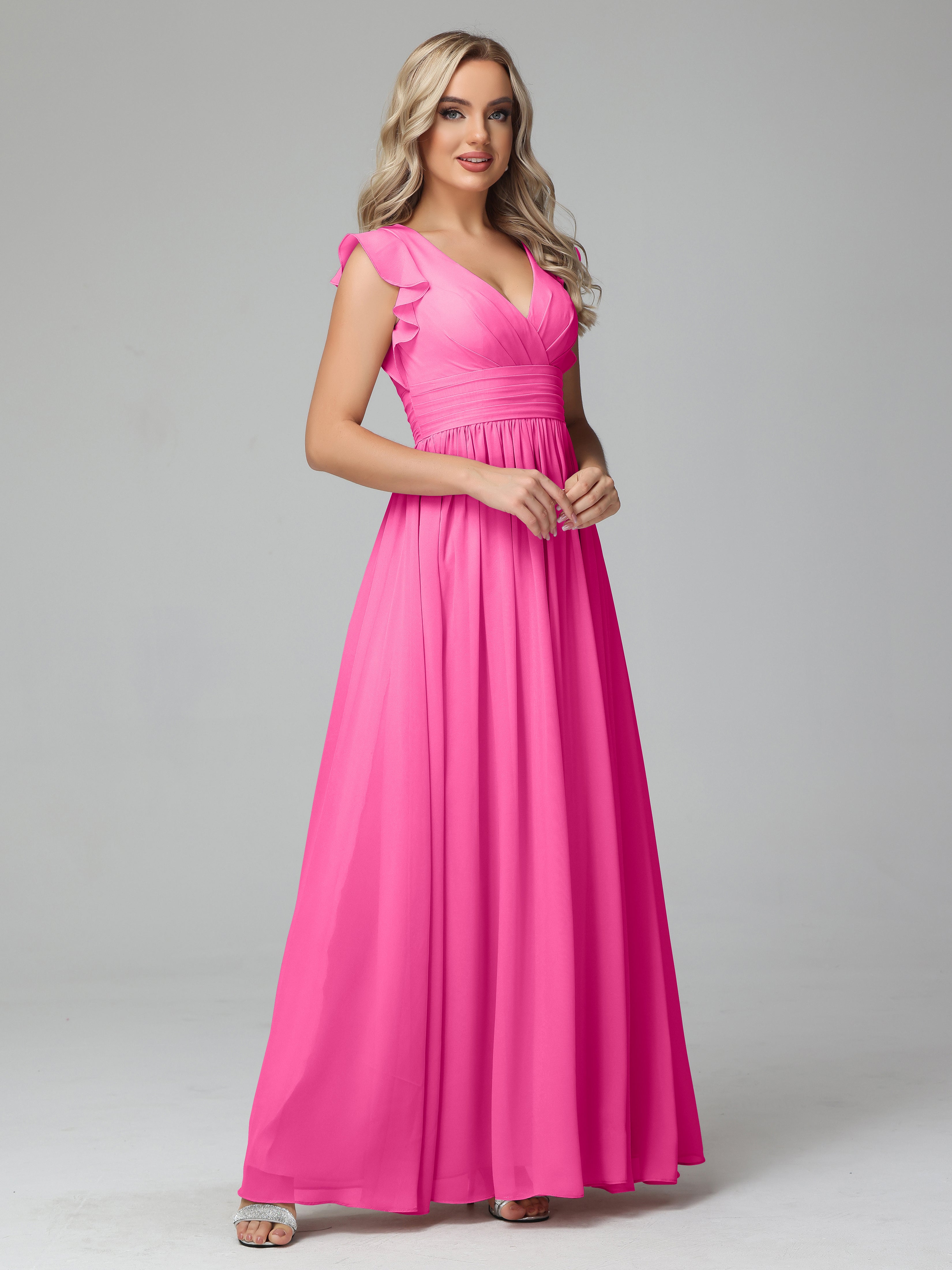 Bonnie V-Neck Chiffon Bridesmaid Dresses With Ruffle Sleeves