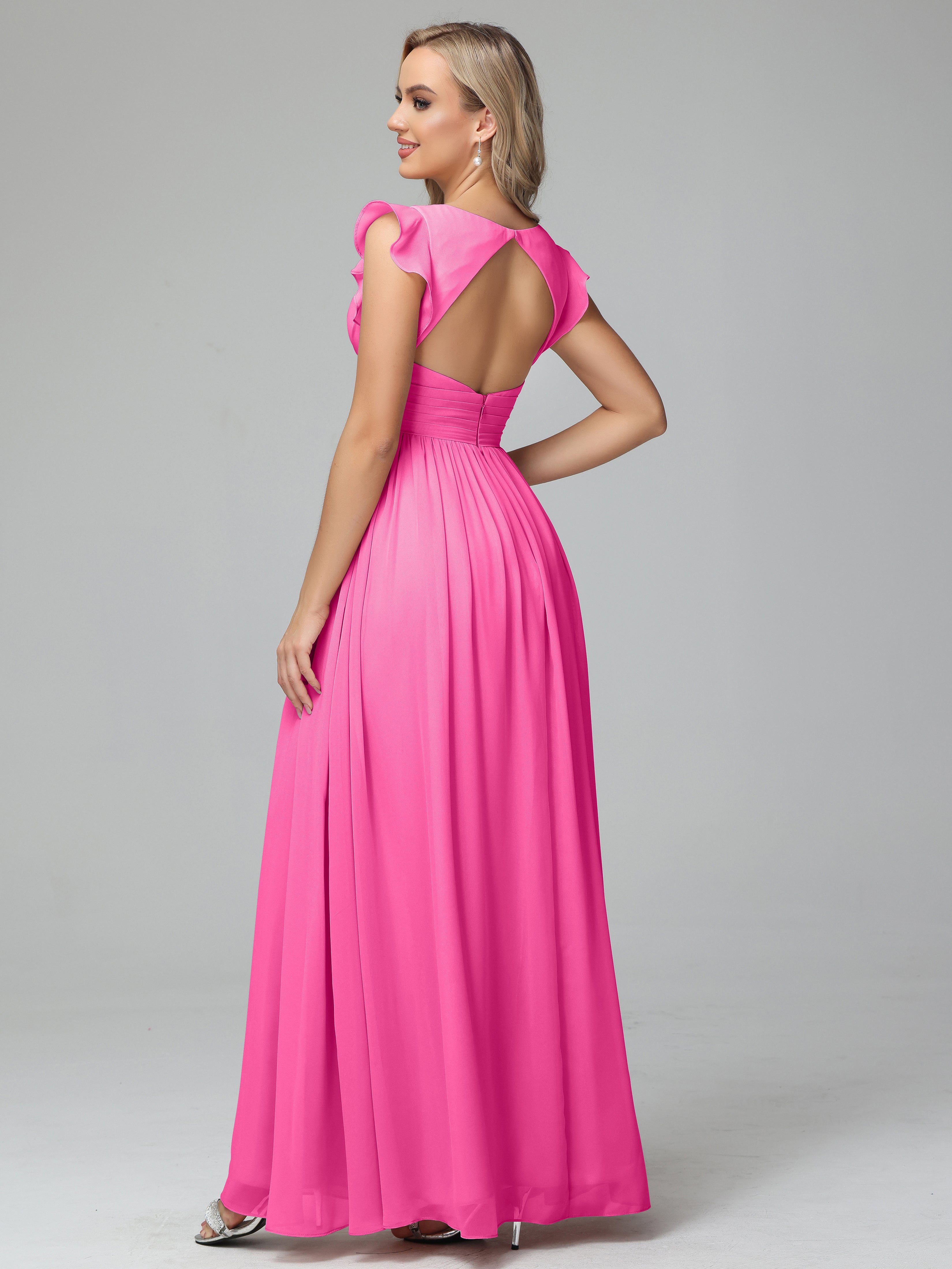 Bonnie V-Neck Chiffon Bridesmaid Dresses With Ruffle Sleeves