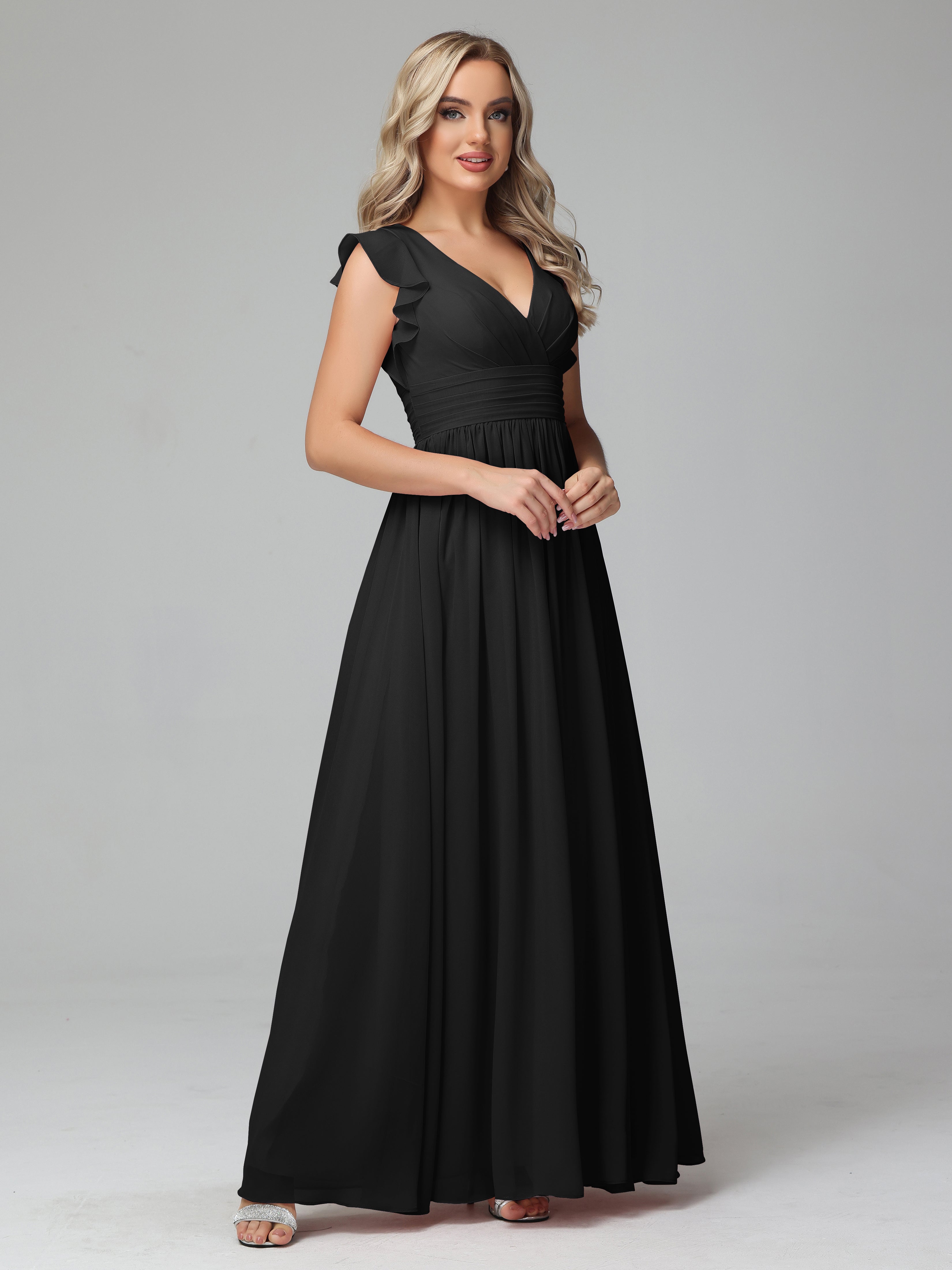 Bonnie V-Neck Chiffon Bridesmaid Dresses With Ruffle Sleeves