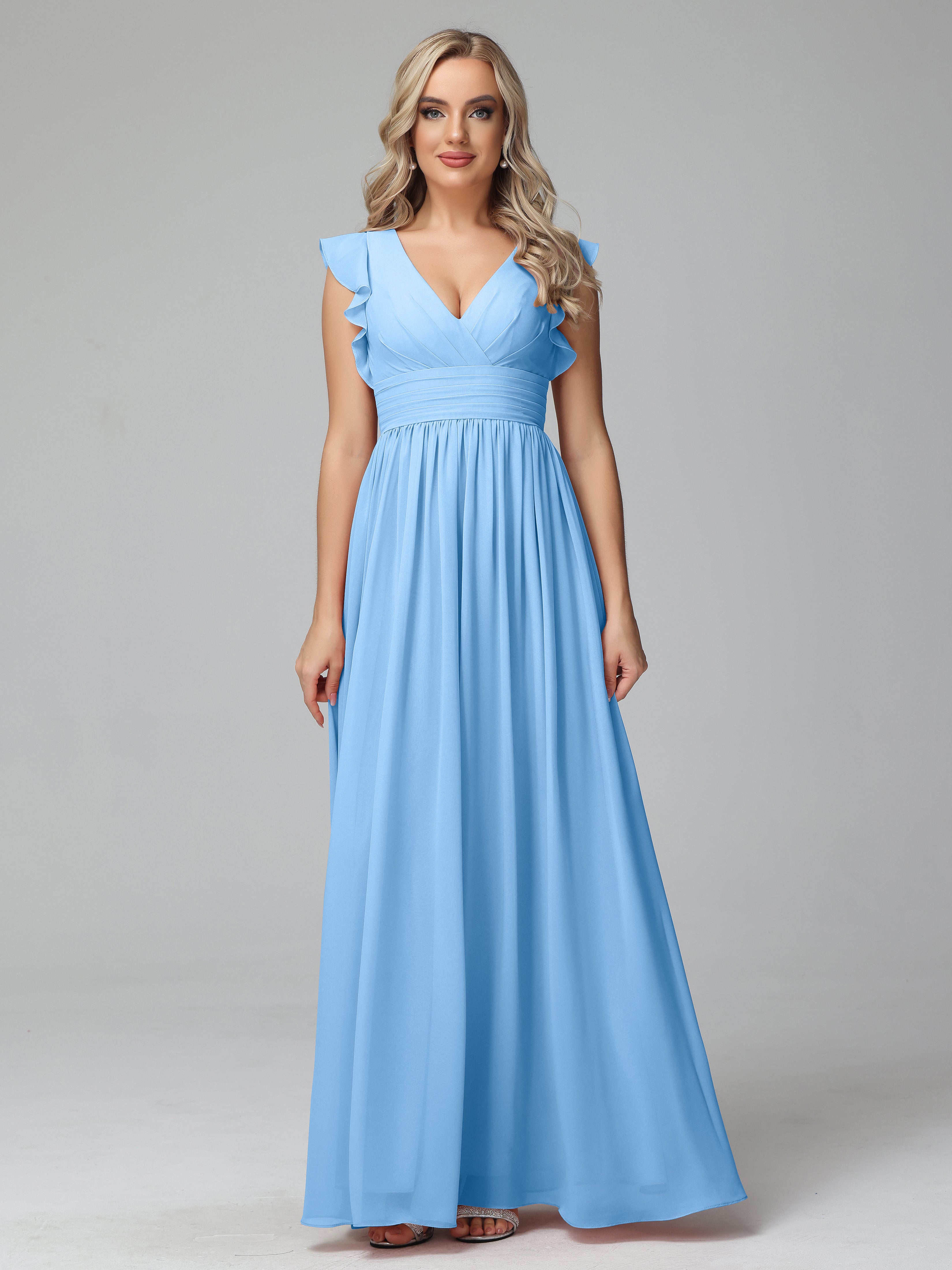 Bonnie V-Neck Chiffon Bridesmaid Dresses With Ruffle Sleeves