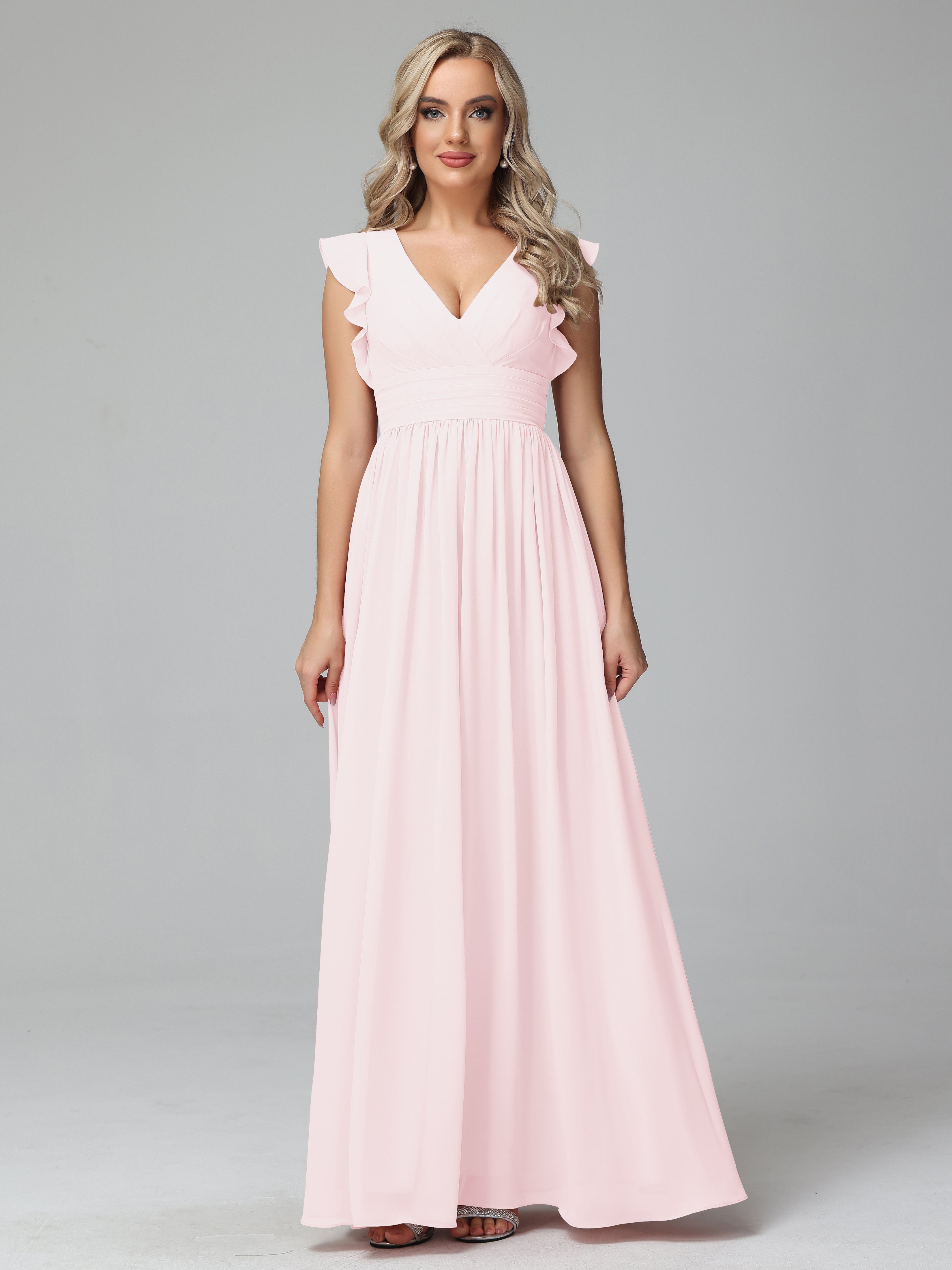 Bonnie V-Neck Chiffon Bridesmaid Dresses With Ruffle Sleeves