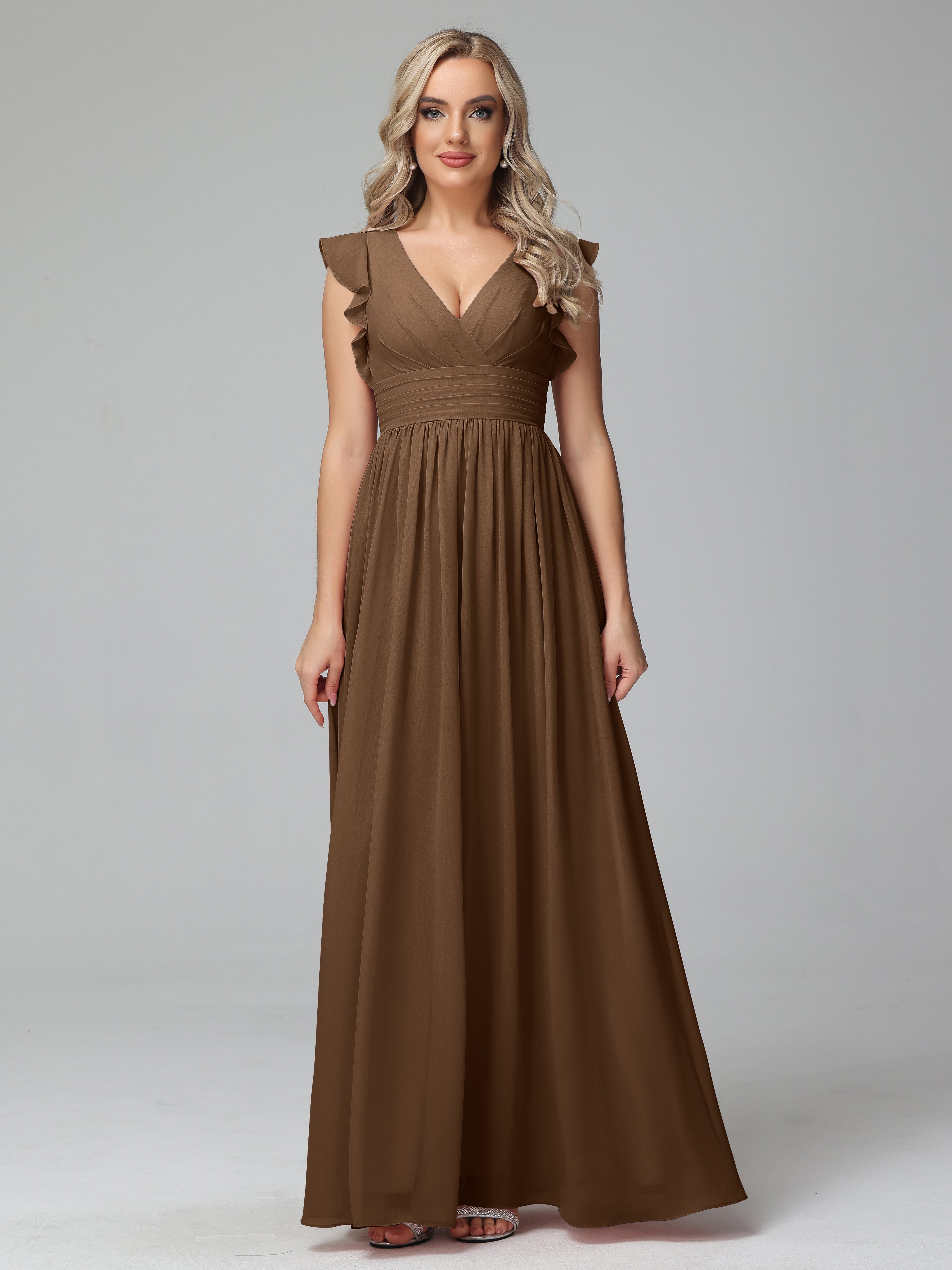 Bonnie V-Neck Chiffon Bridesmaid Dresses With Ruffle Sleeves