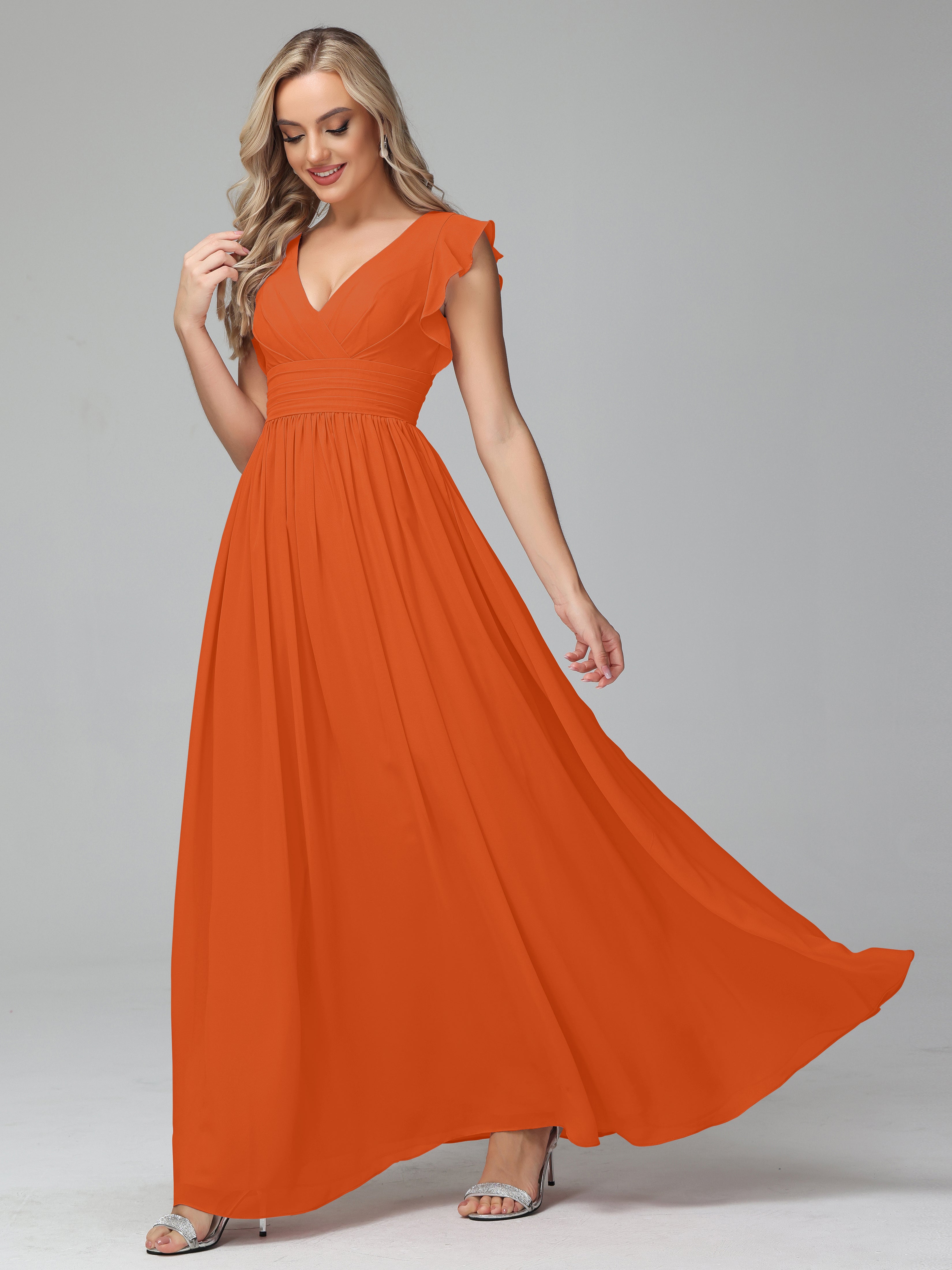 Bonnie V-Neck Chiffon Bridesmaid Dresses With Ruffle Sleeves