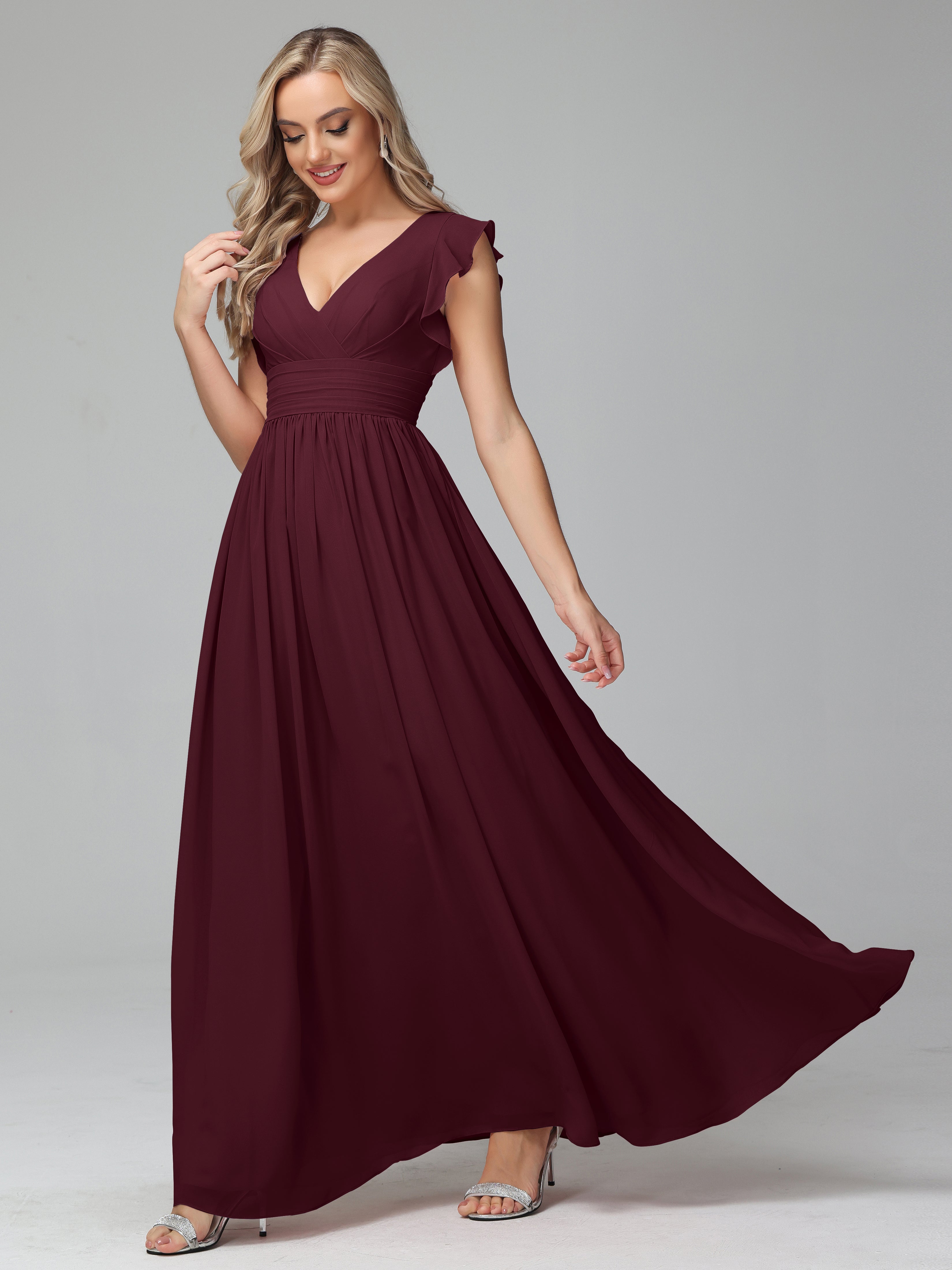 Bonnie V-Neck Chiffon Bridesmaid Dresses With Ruffle Sleeves