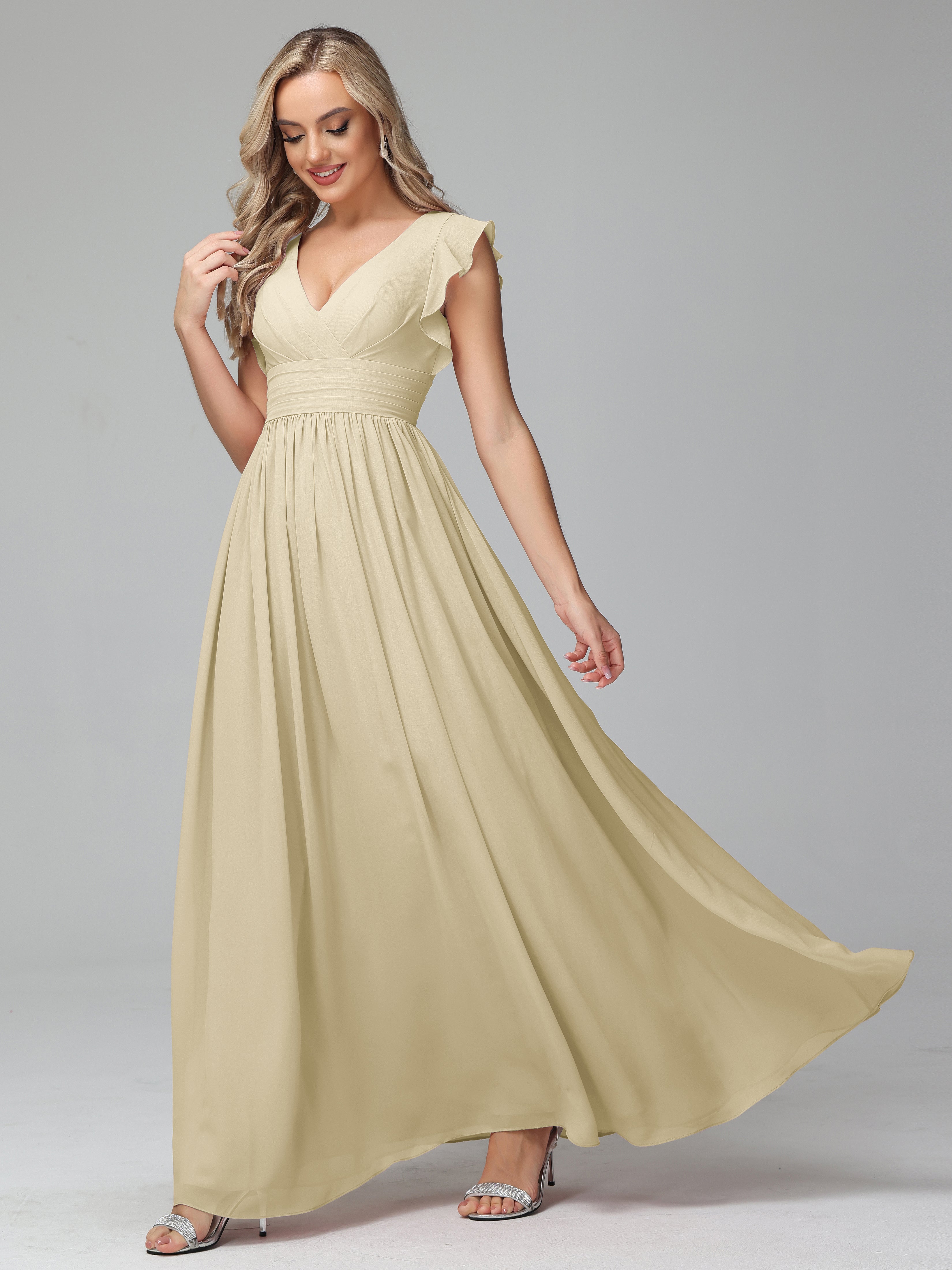 Bonnie V Neck Chiffon Bridesmaid Dresses With Ruffle Sleeves