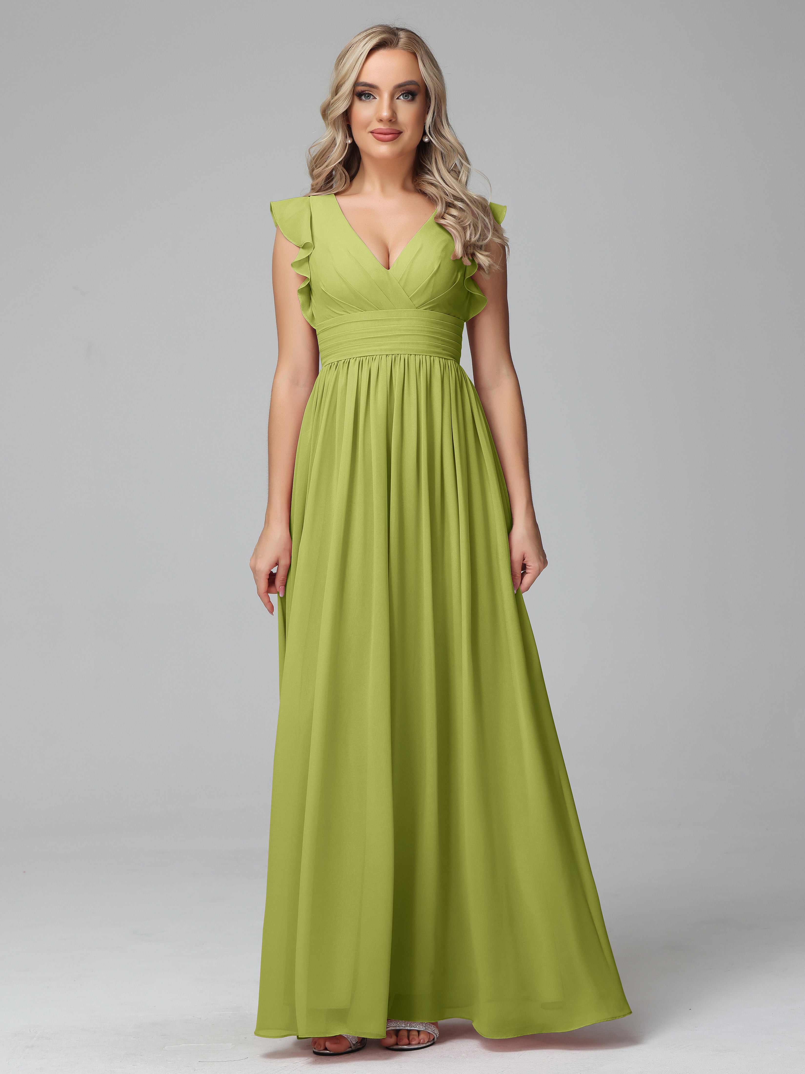 Bonnie V-Neck Chiffon Bridesmaid Dresses With Ruffle Sleeves