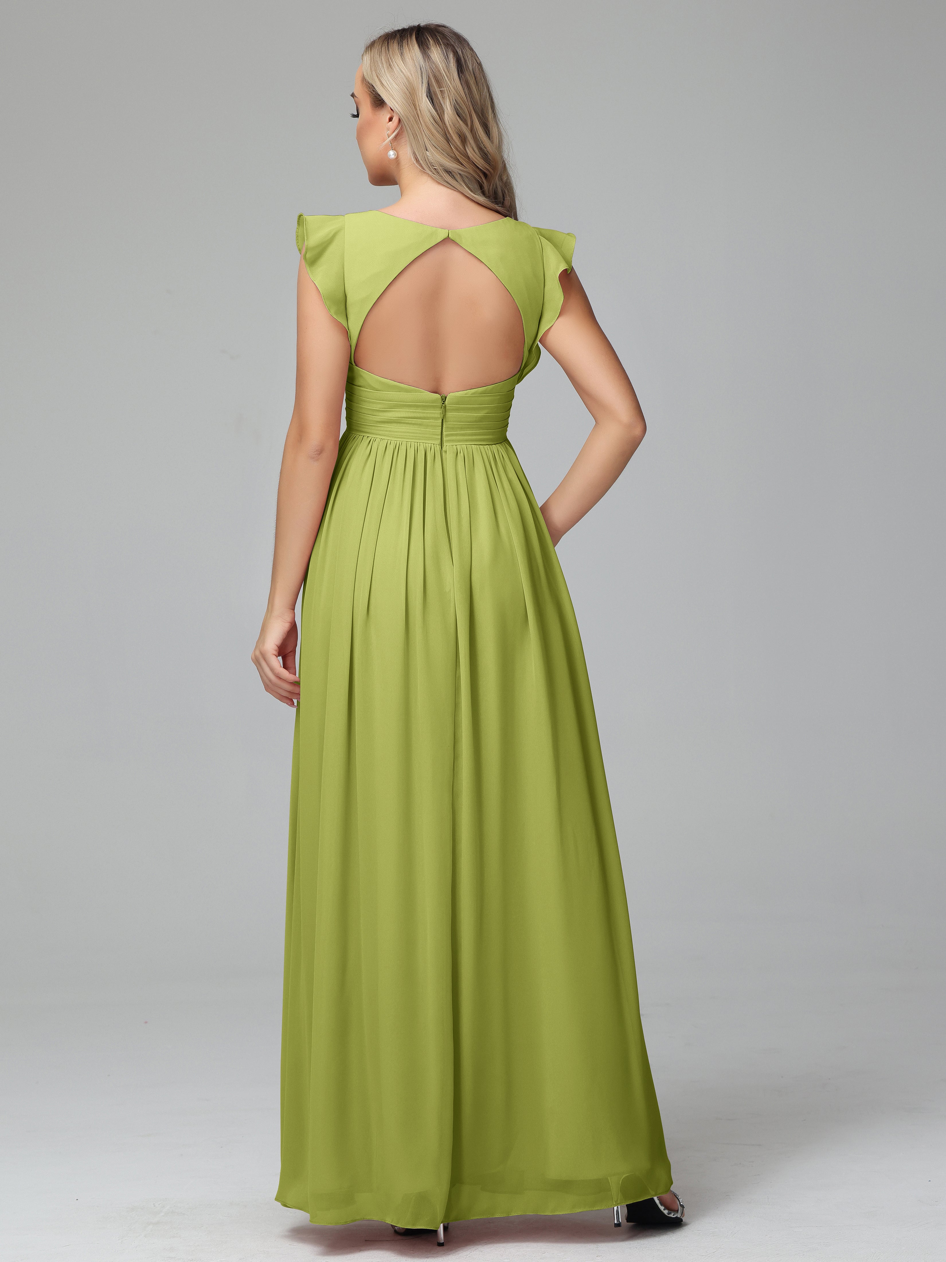 Bonnie V-Neck Chiffon Bridesmaid Dresses With Ruffle Sleeves