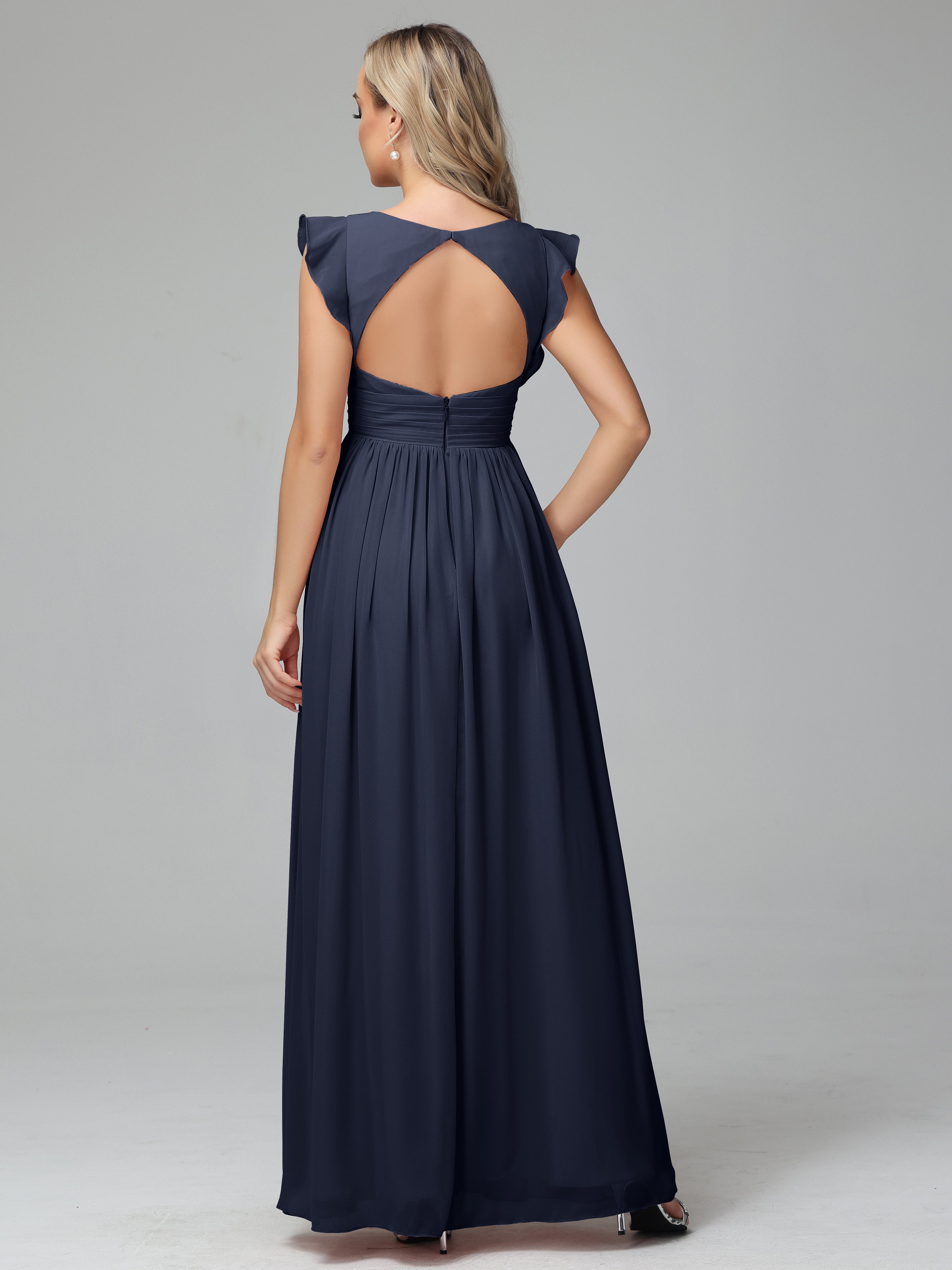 Bonnie V-Neck Chiffon Bridesmaid Dresses With Ruffle Sleeves