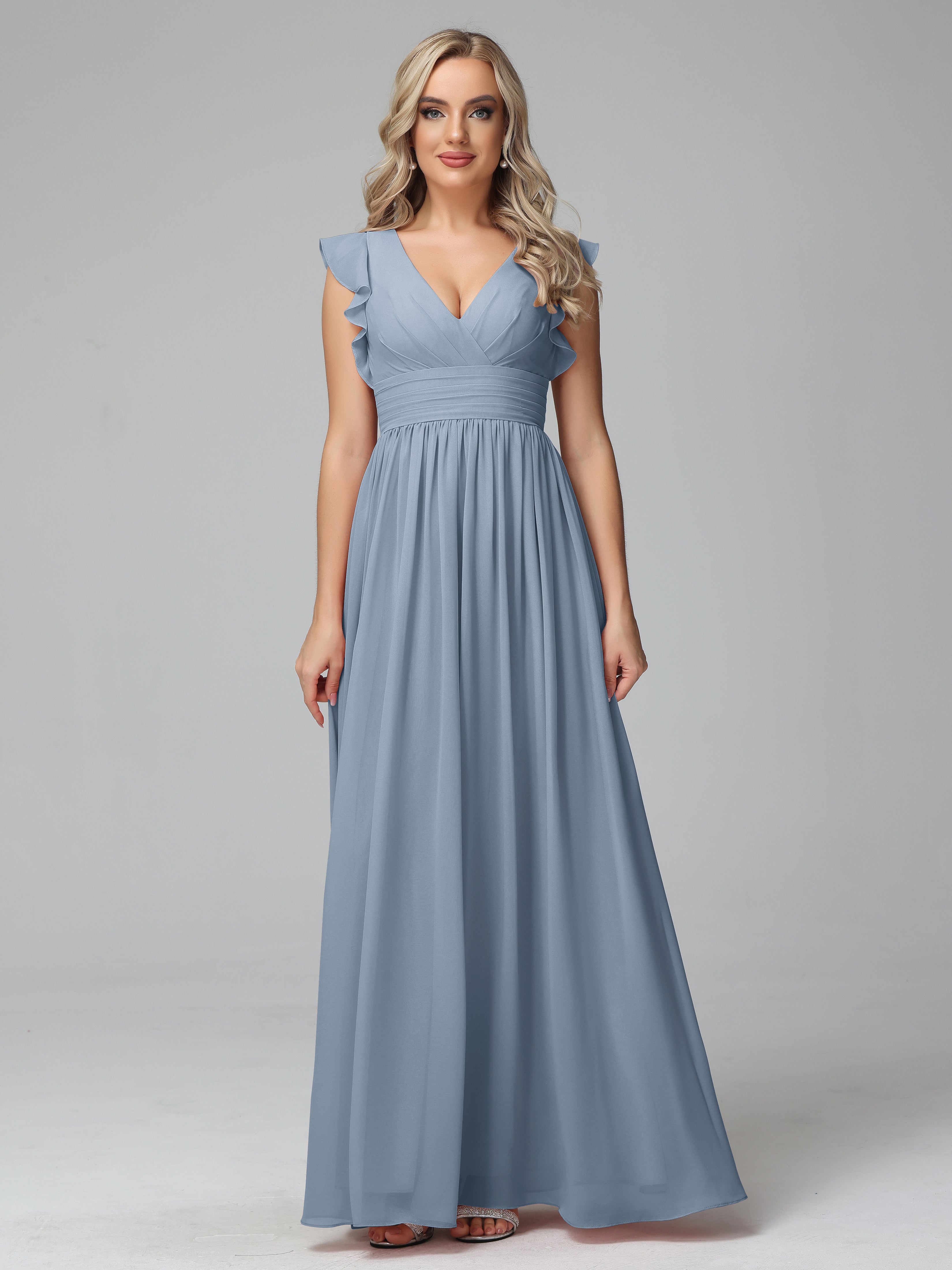 Bonnie V-Neck Chiffon Bridesmaid Dresses With Ruffle Sleeves