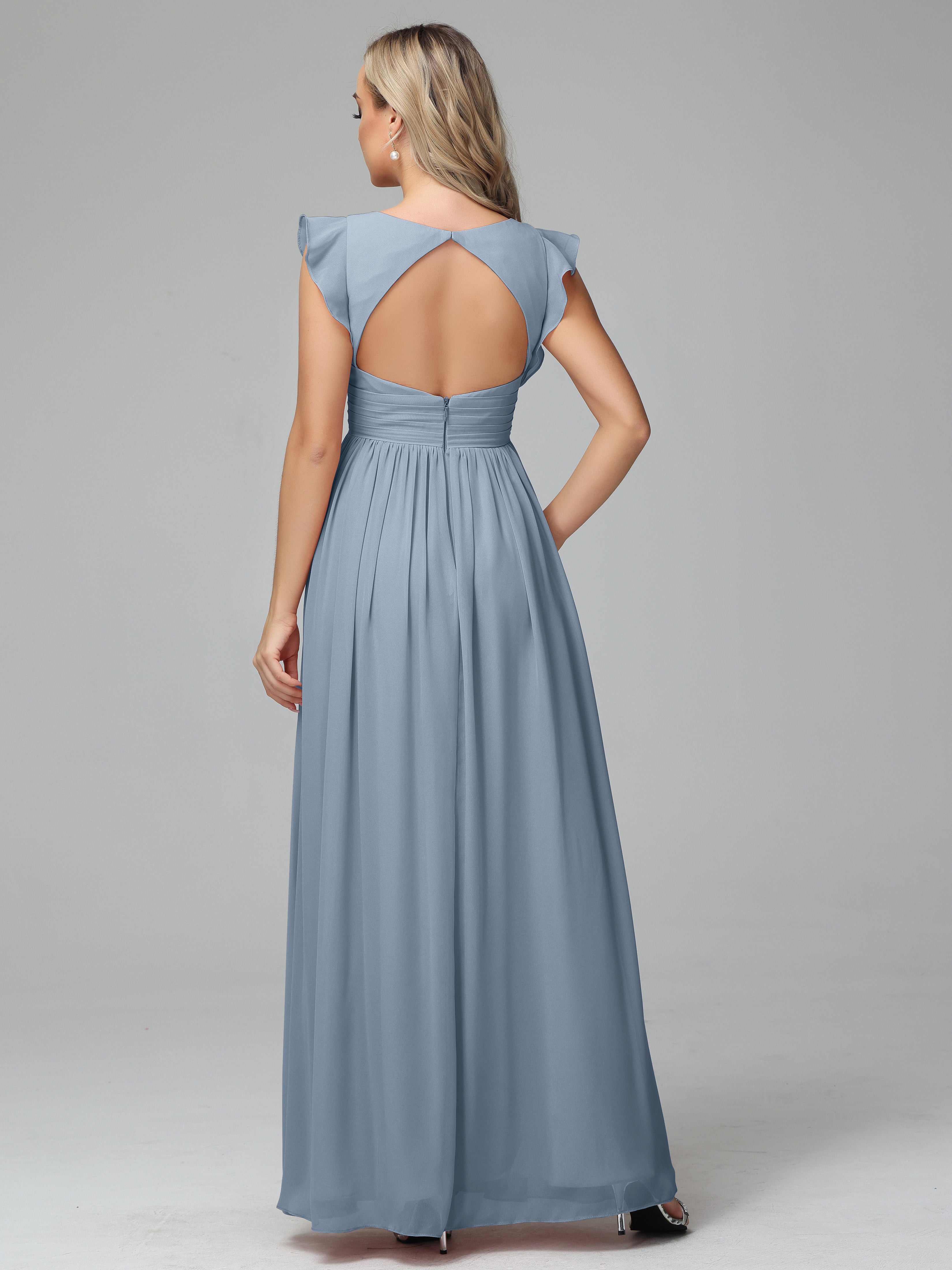 Bonnie V-Neck Chiffon Bridesmaid Dresses With Ruffle Sleeves