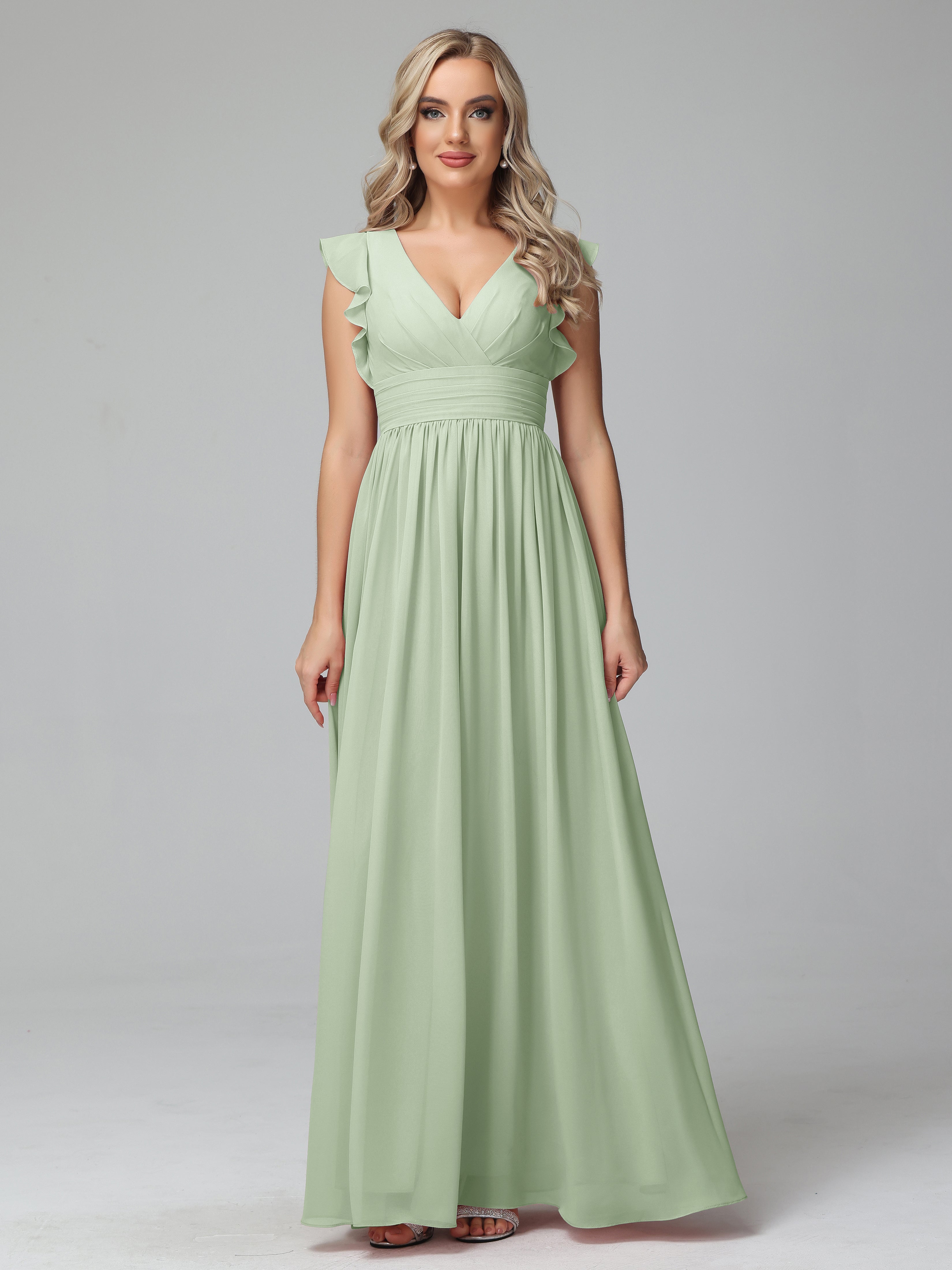 Bonnie V-Neck Chiffon Mother of the Bride Dress With Ruffle Sleeves