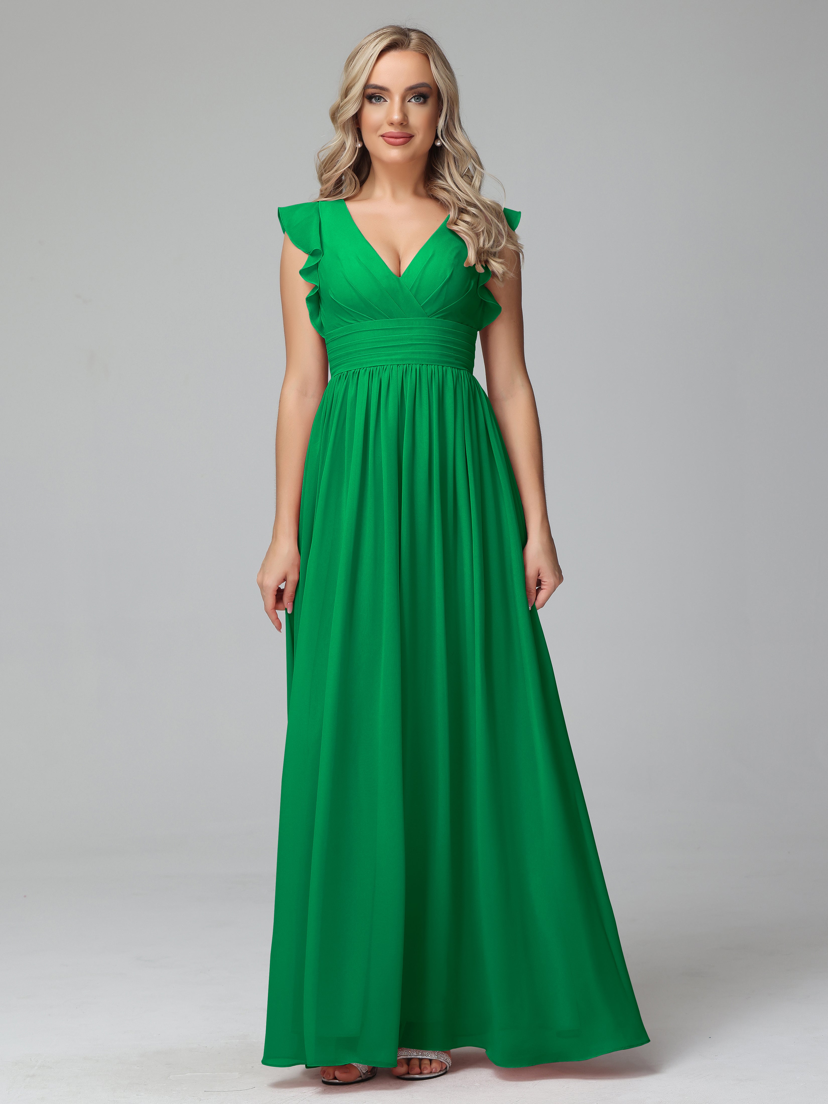 Bonnie V-Neck Chiffon Bridesmaid Dresses With Ruffle Sleeves