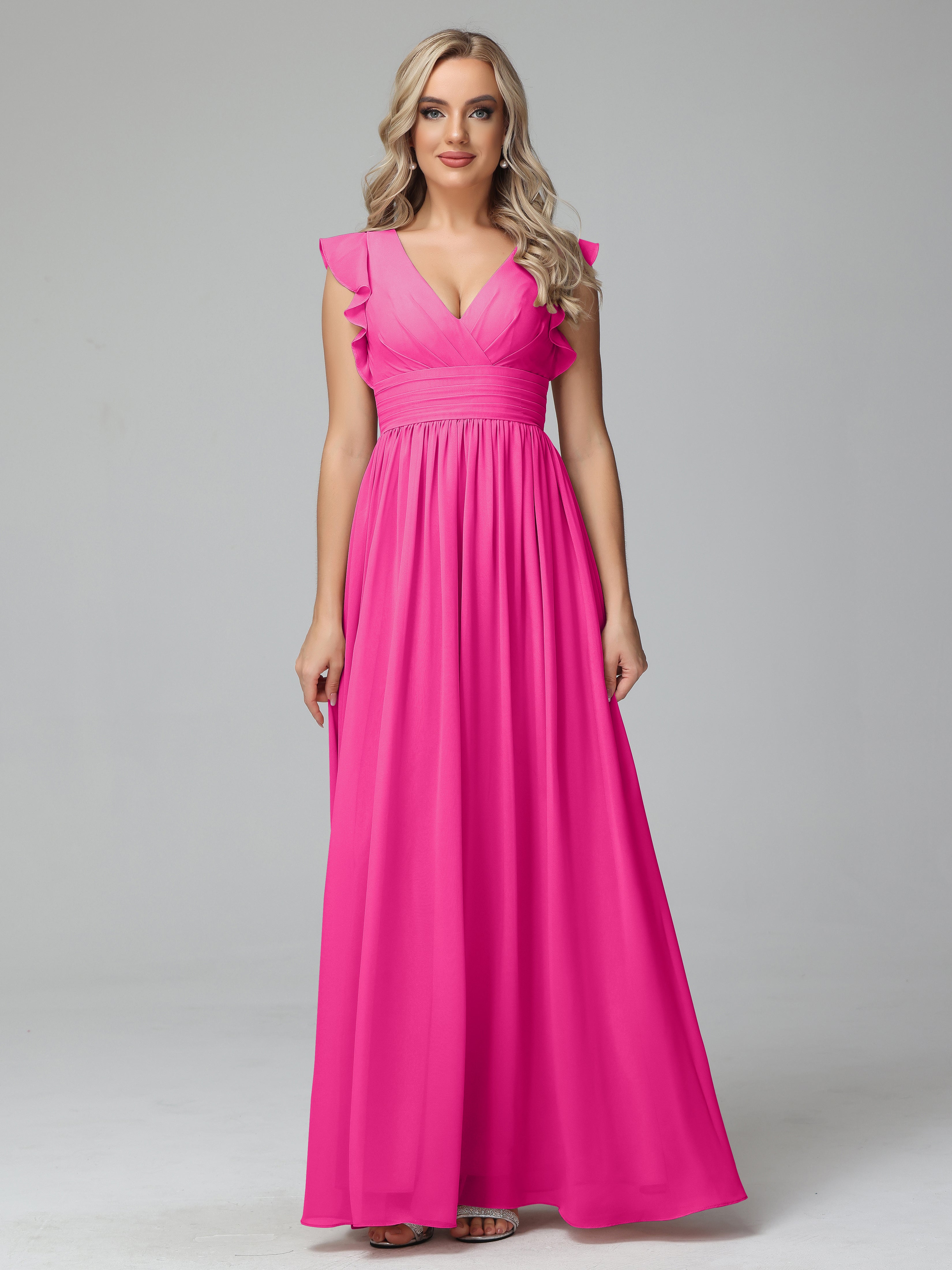 Bonnie V-Neck Chiffon Bridesmaid Dresses With Ruffle Sleeves