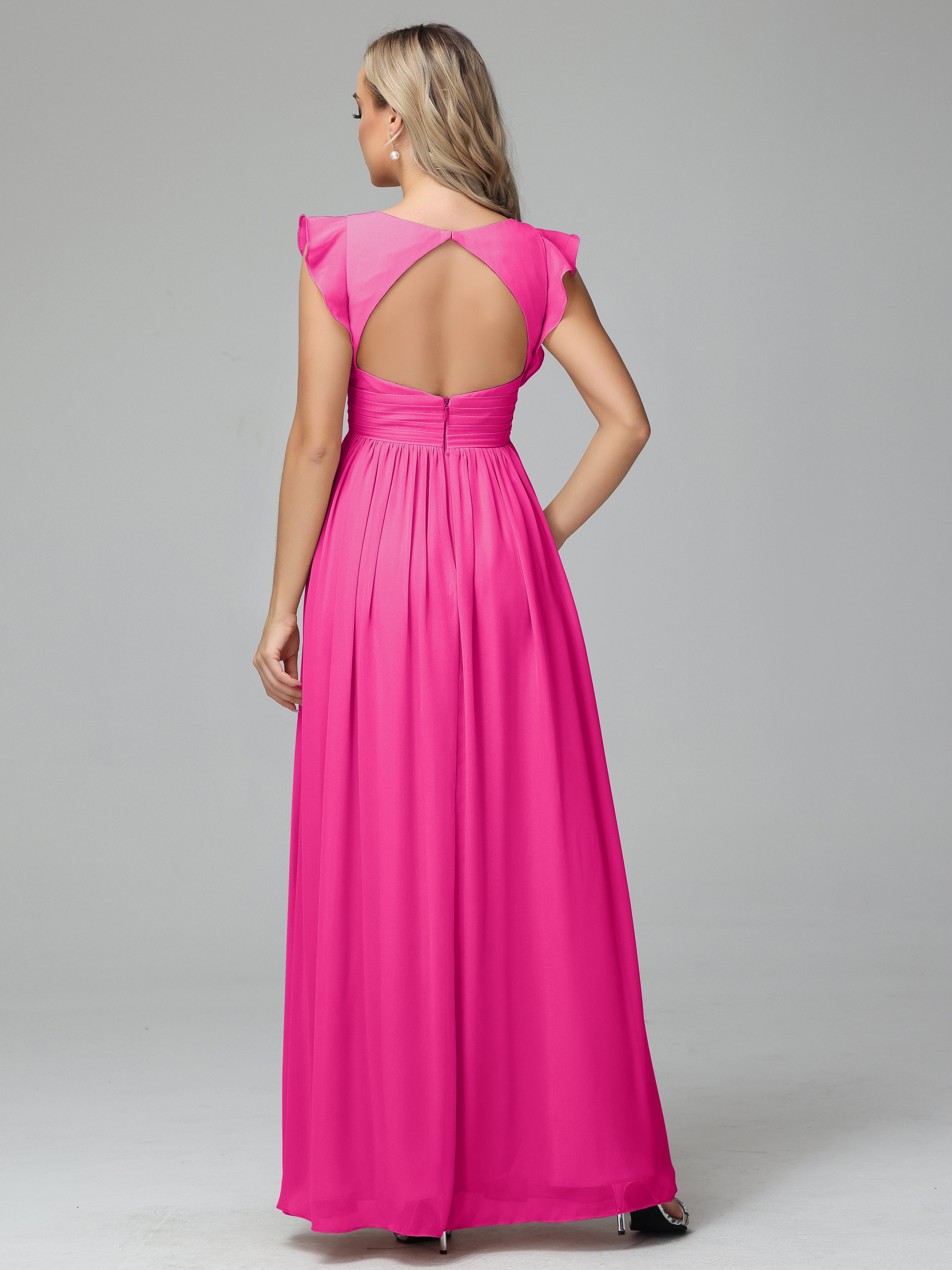 Bonnie V-Neck Chiffon Bridesmaid Dresses With Ruffle Sleeves