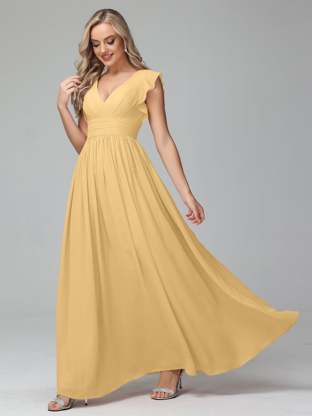 Gold Chiffon Bridesmaid Dresses Bonnie V-Neck Chiffon Bridesmaid Dresses  With Ruffle Sleeves