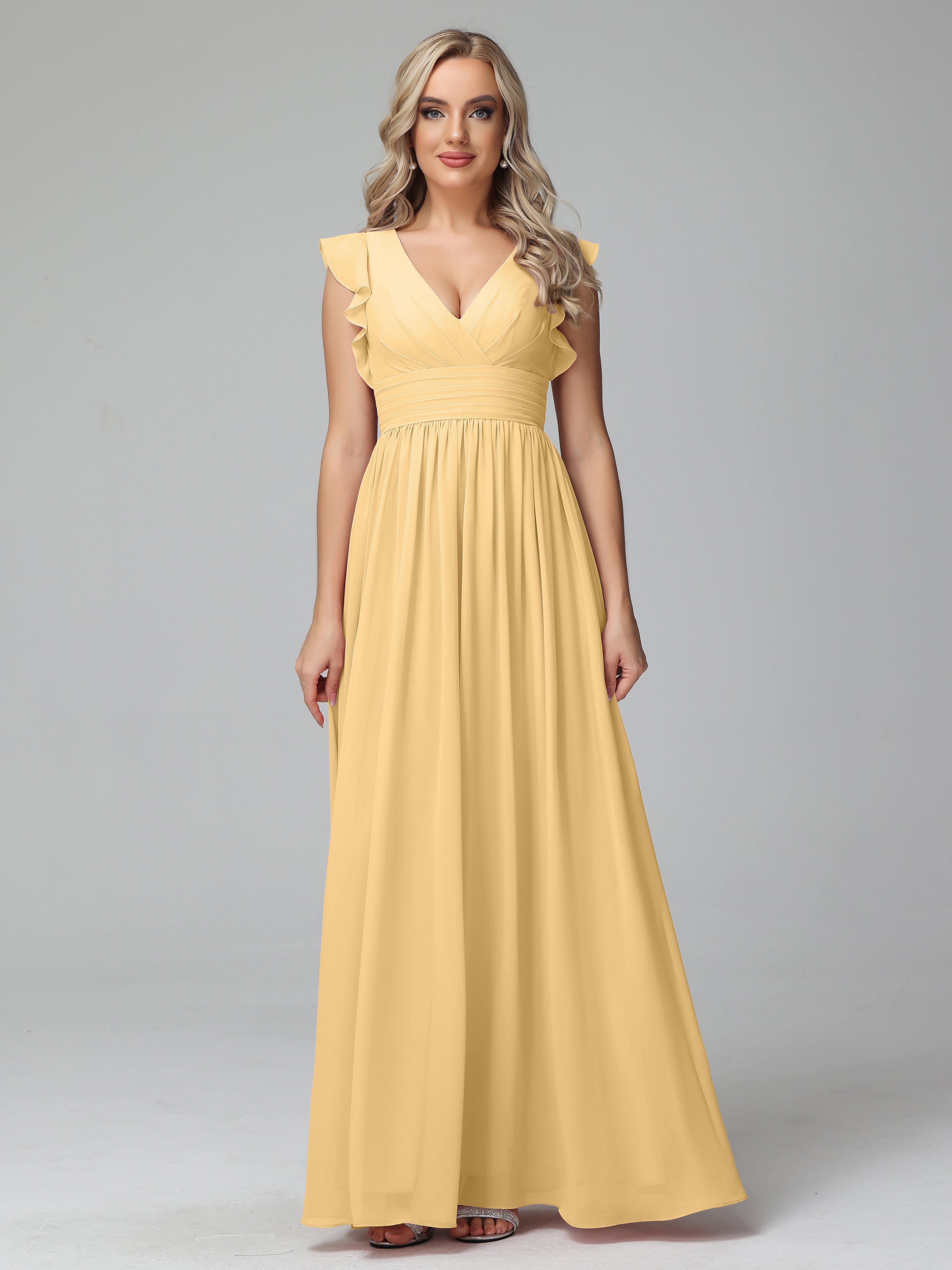 Bonnie V-Neck Chiffon Bridesmaid Dresses With Ruffle Sleeves