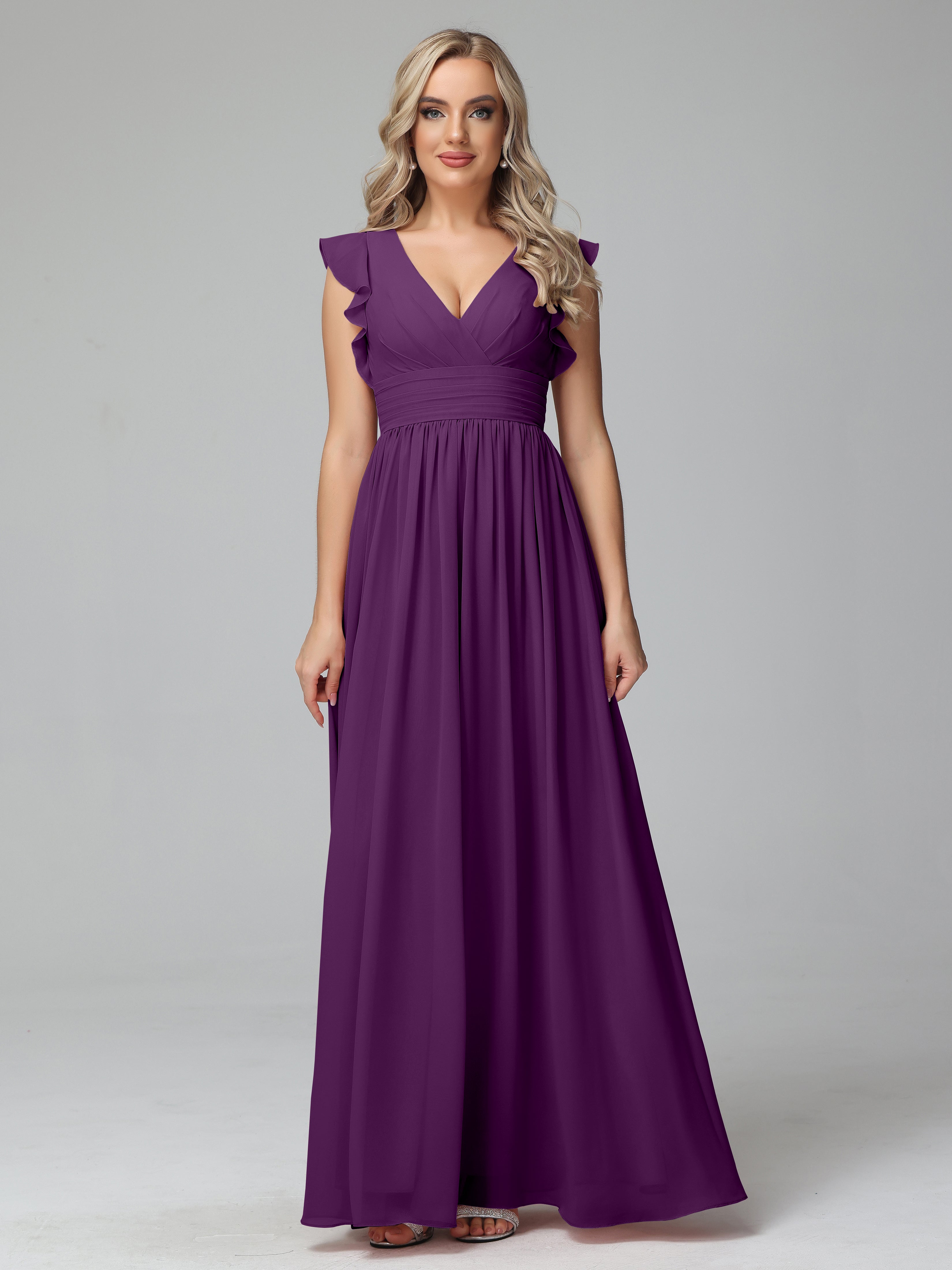 Bonnie V-Neck Chiffon Mother of the Bride Dress With Ruffle Sleeves