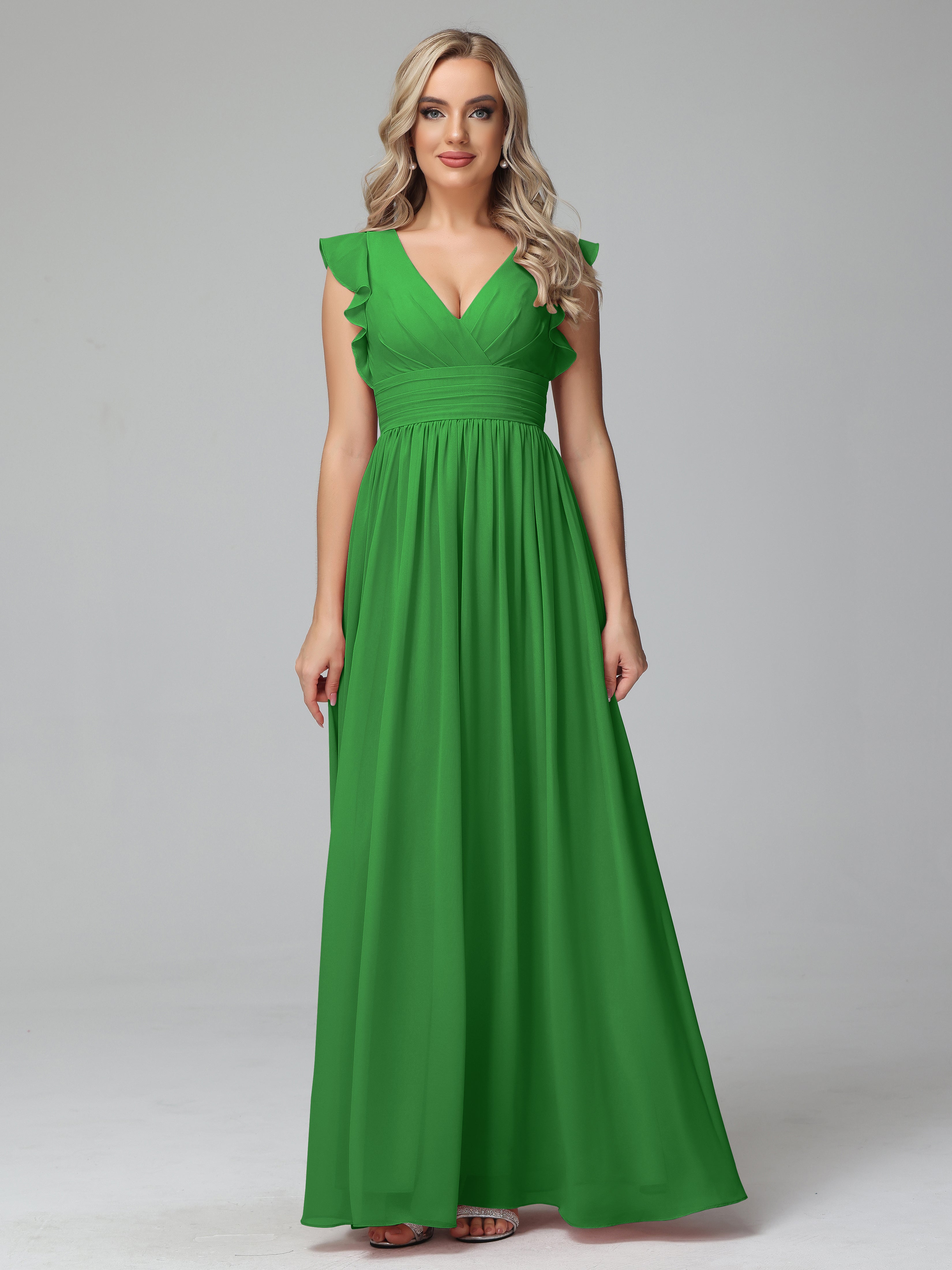 Bonnie V-Neck Chiffon Bridesmaid Dresses With Ruffle Sleeves