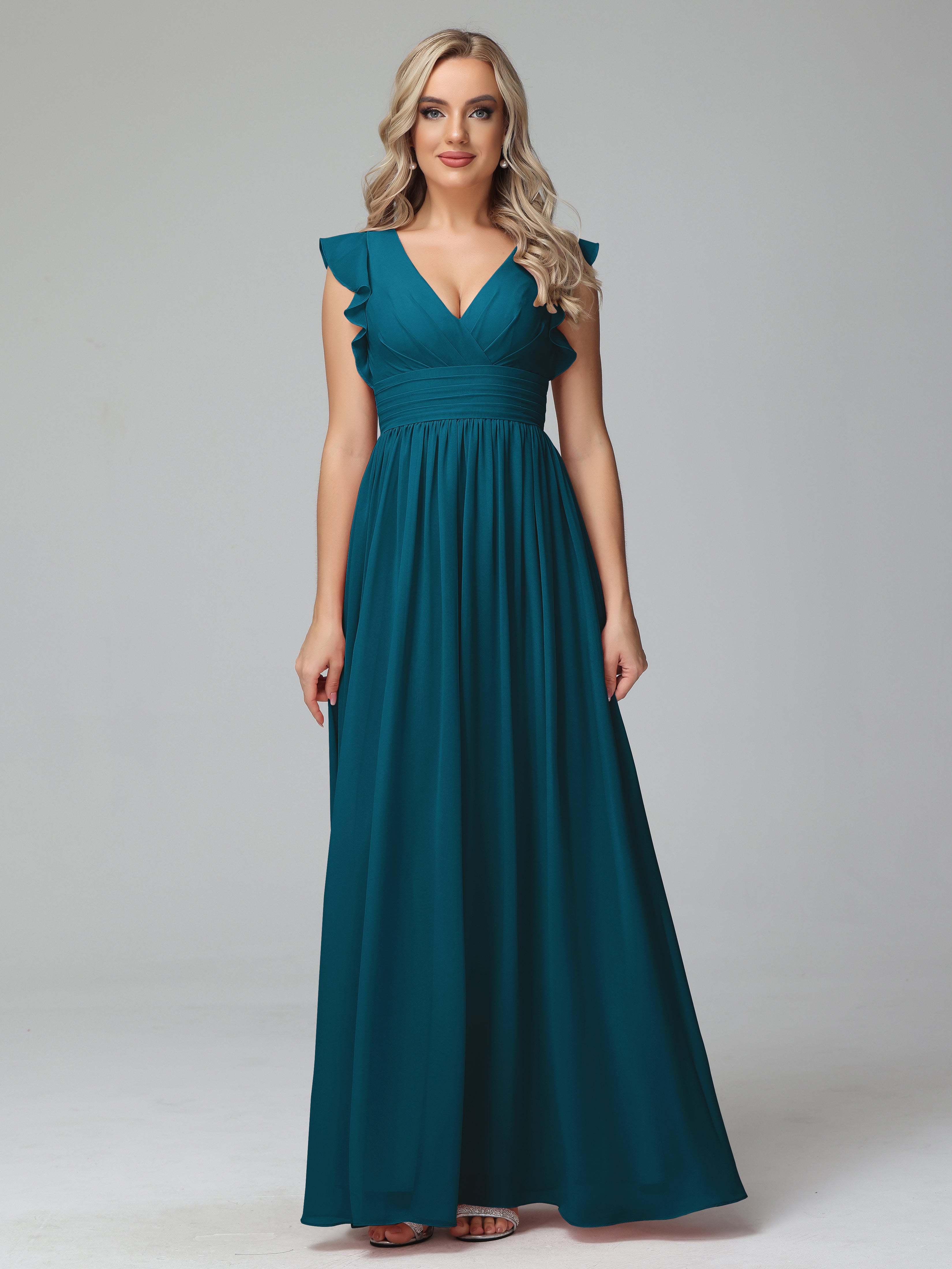 Bonnie V-Neck Chiffon Bridesmaid Dresses With Ruffle Sleeves