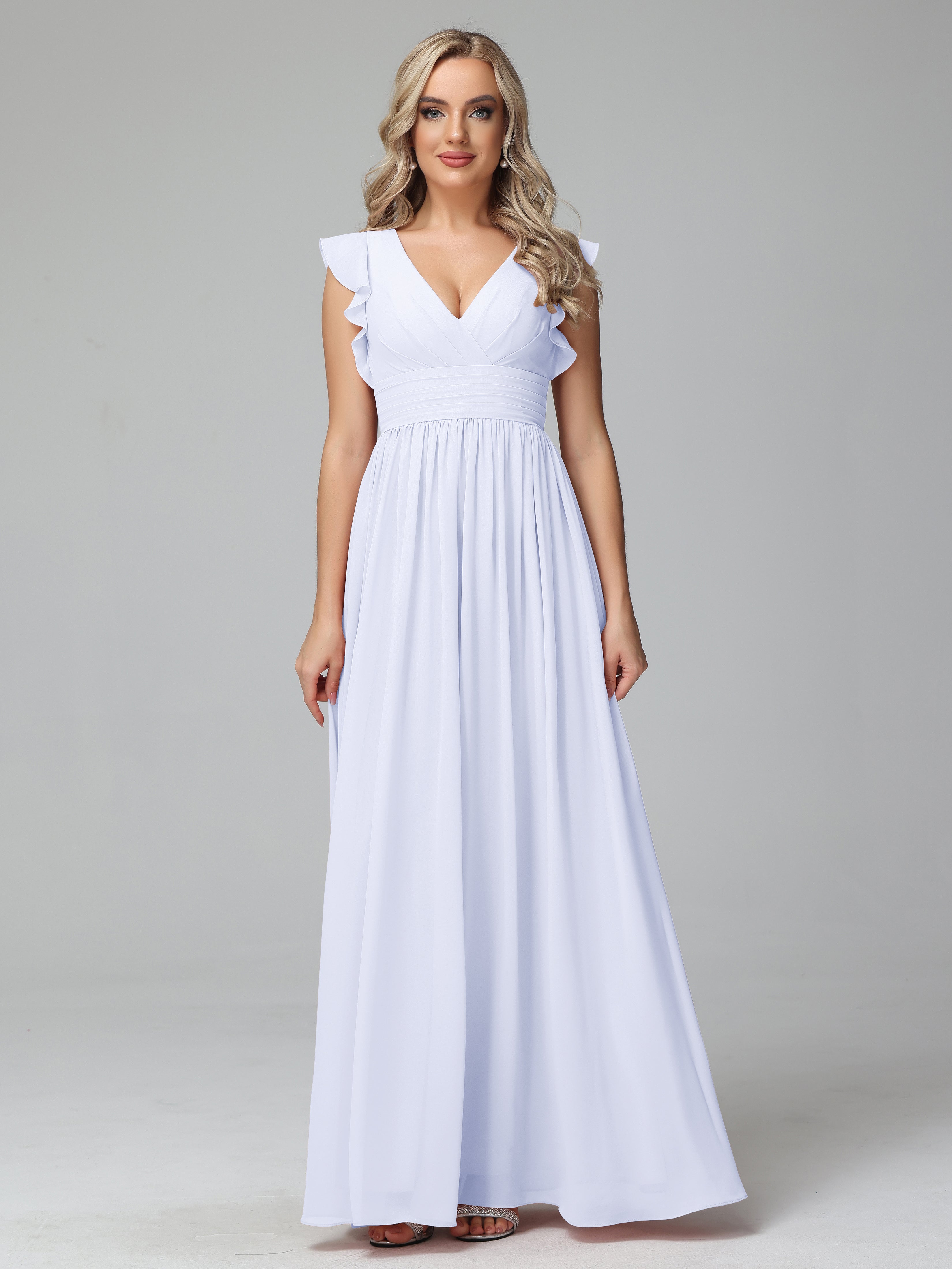 Bonnie V-Neck Chiffon Mother of the Bride Dress With Ruffle Sleeves