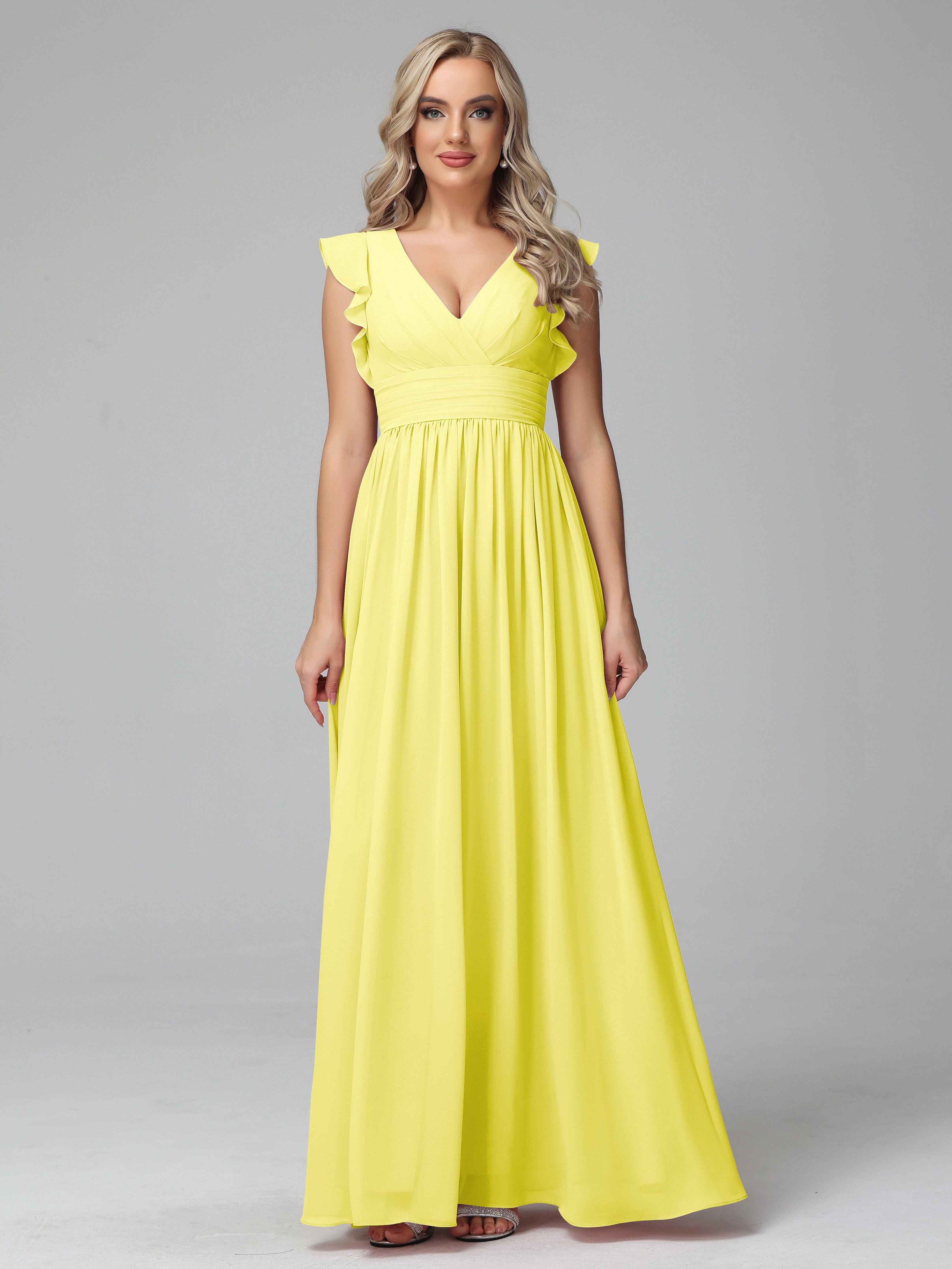 Bonnie V-Neck Chiffon Bridesmaid Dresses With Ruffle Sleeves