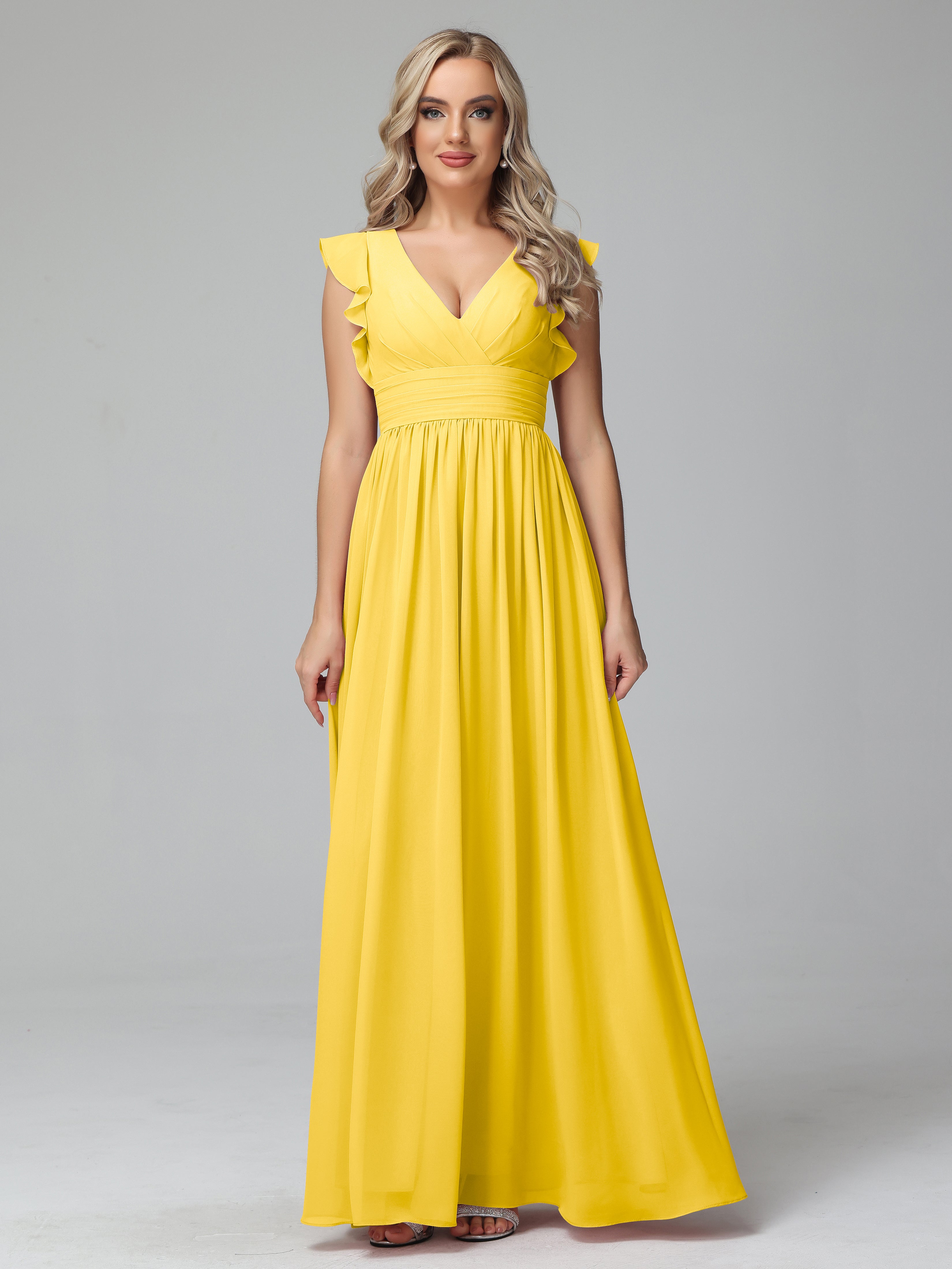 Bonnie V-Neck Chiffon Bridesmaid Dresses With Ruffle Sleeves